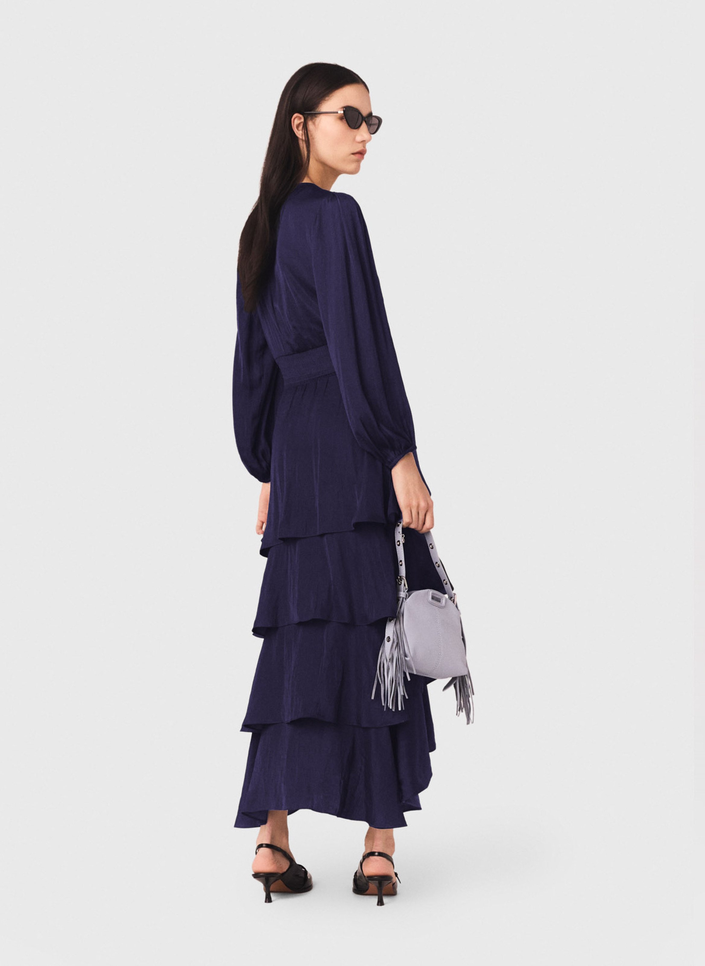 Robe longue col v à volants | Bleu MAJE Femme