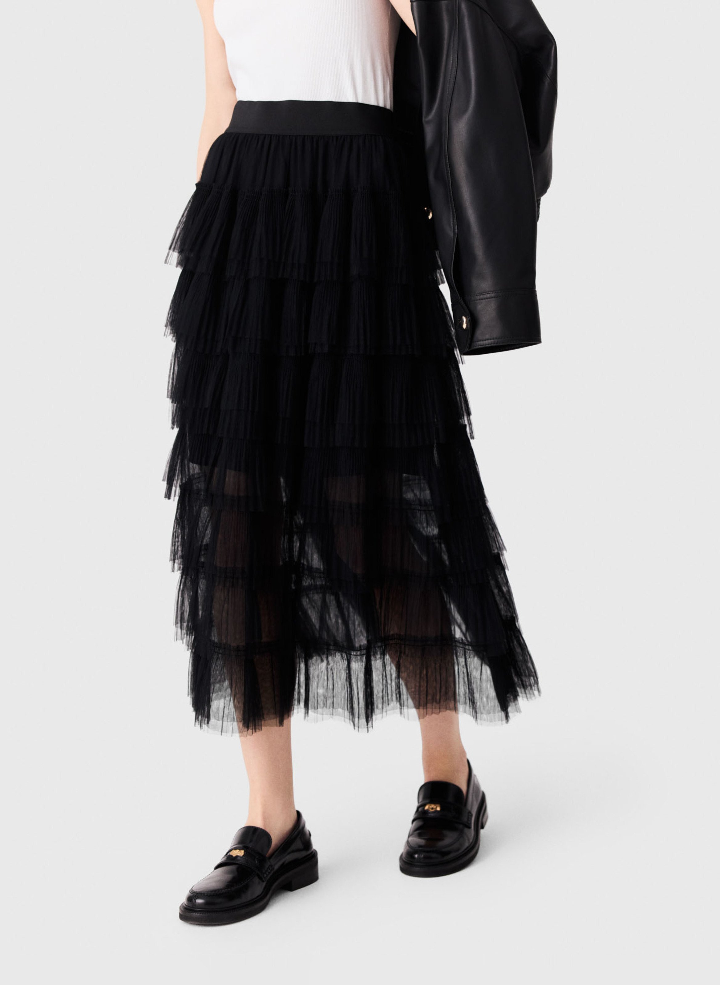Jupe midi à volants en tulle MAJE Noir
