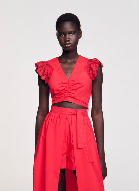 Top sans manches à volants brodés Rouge by SANDRO SANDRO Top sans manches à volants brodés Rouge