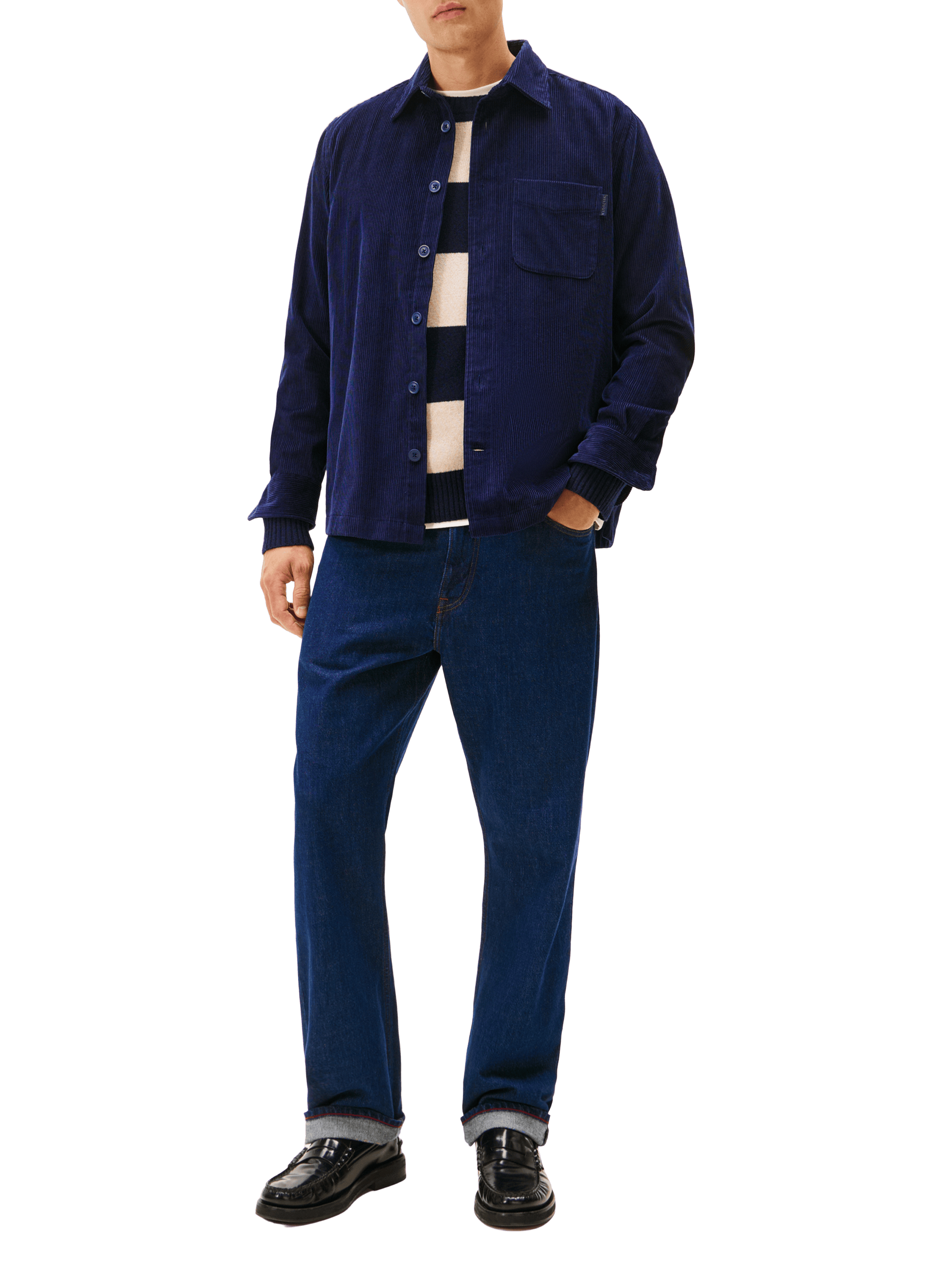Chemise col classique manches contrastantes en coton Blue