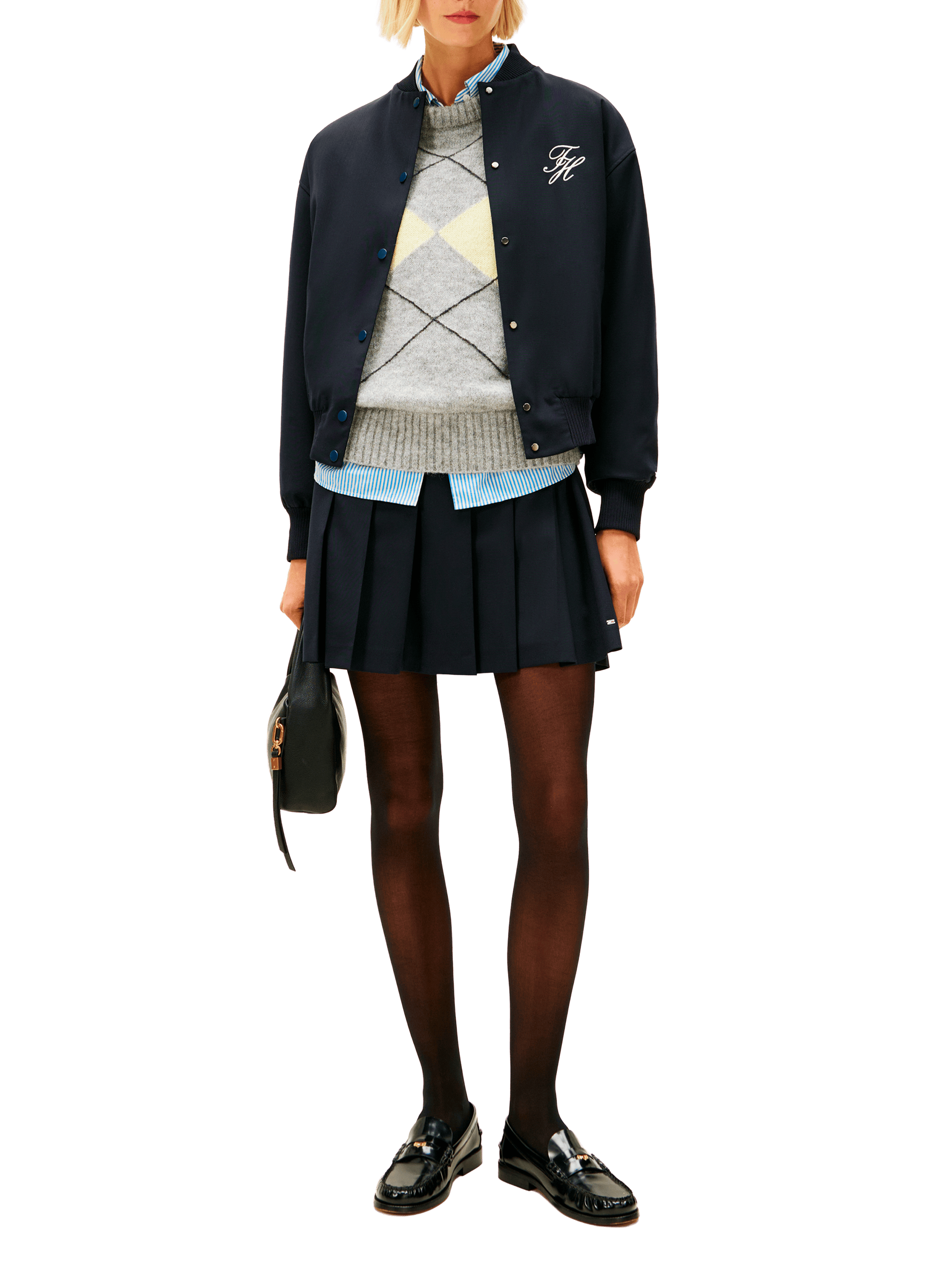 Veste droite brodée à col montant en laine mélangée TOMMY HILFIGER Bleu