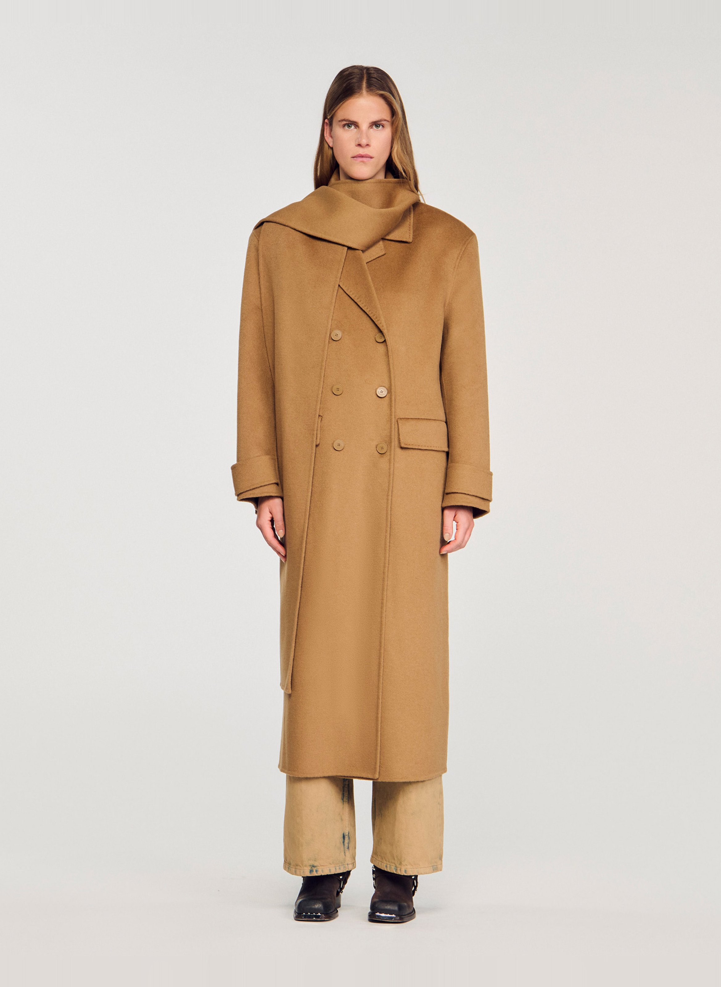 Manteau col à écharpe en laine SANDRO Marron