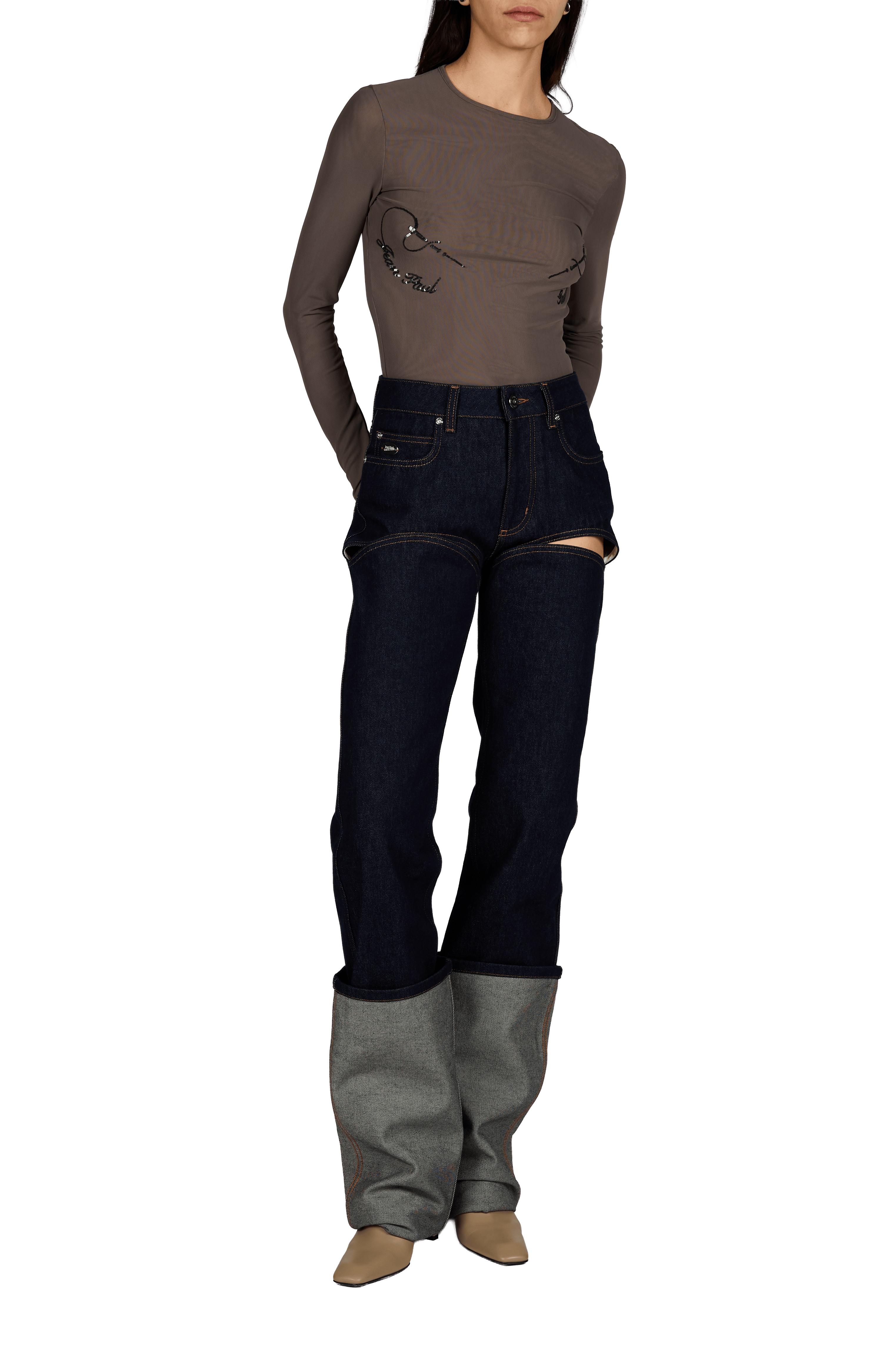 Straight raw denim jeans with cuffs in cotton JEAN PAUL GAULTIER Blue