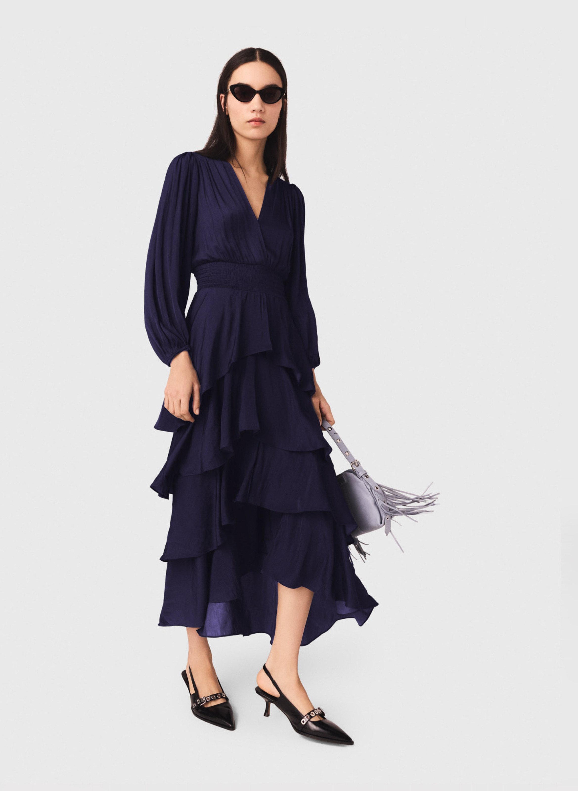 Robe longue col v à volants | Bleu MAJE Femme
