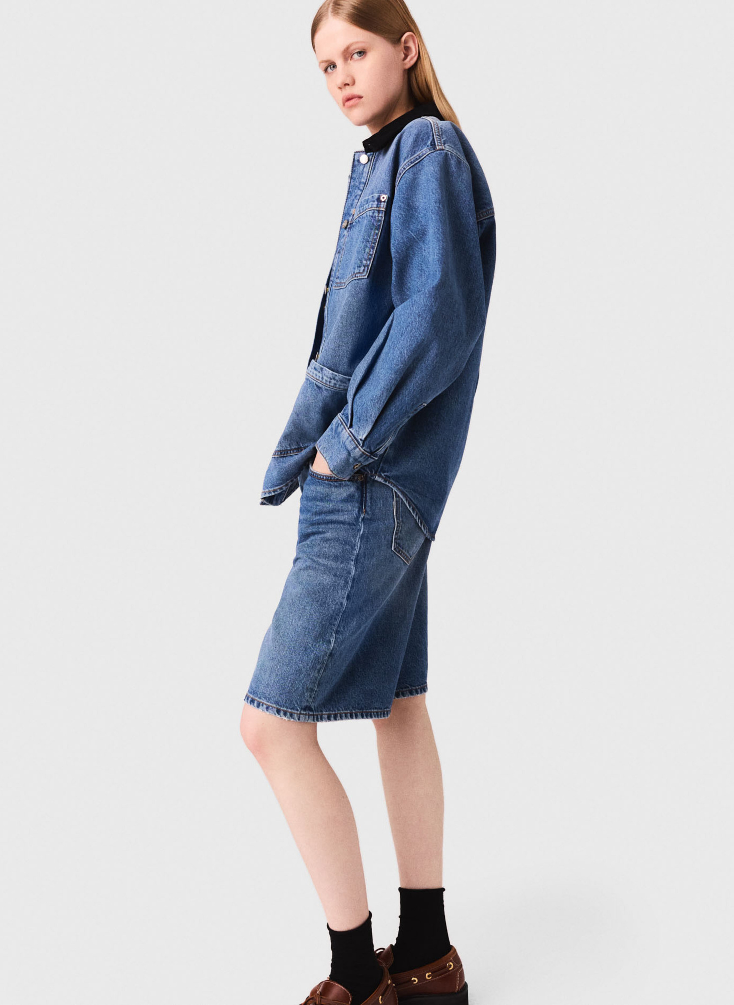 Blouson col rond en denim de coton MAJE Bleu