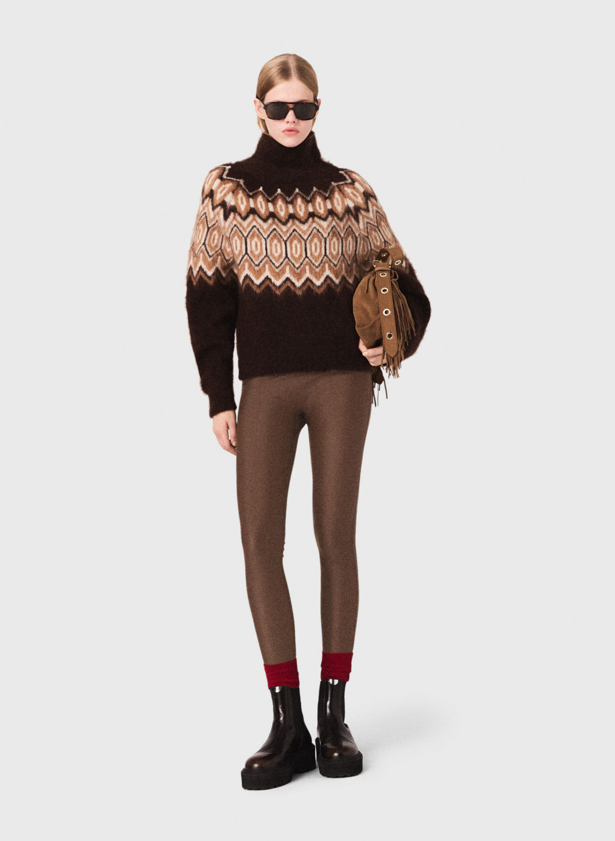 Pull jacquard col montant Marron