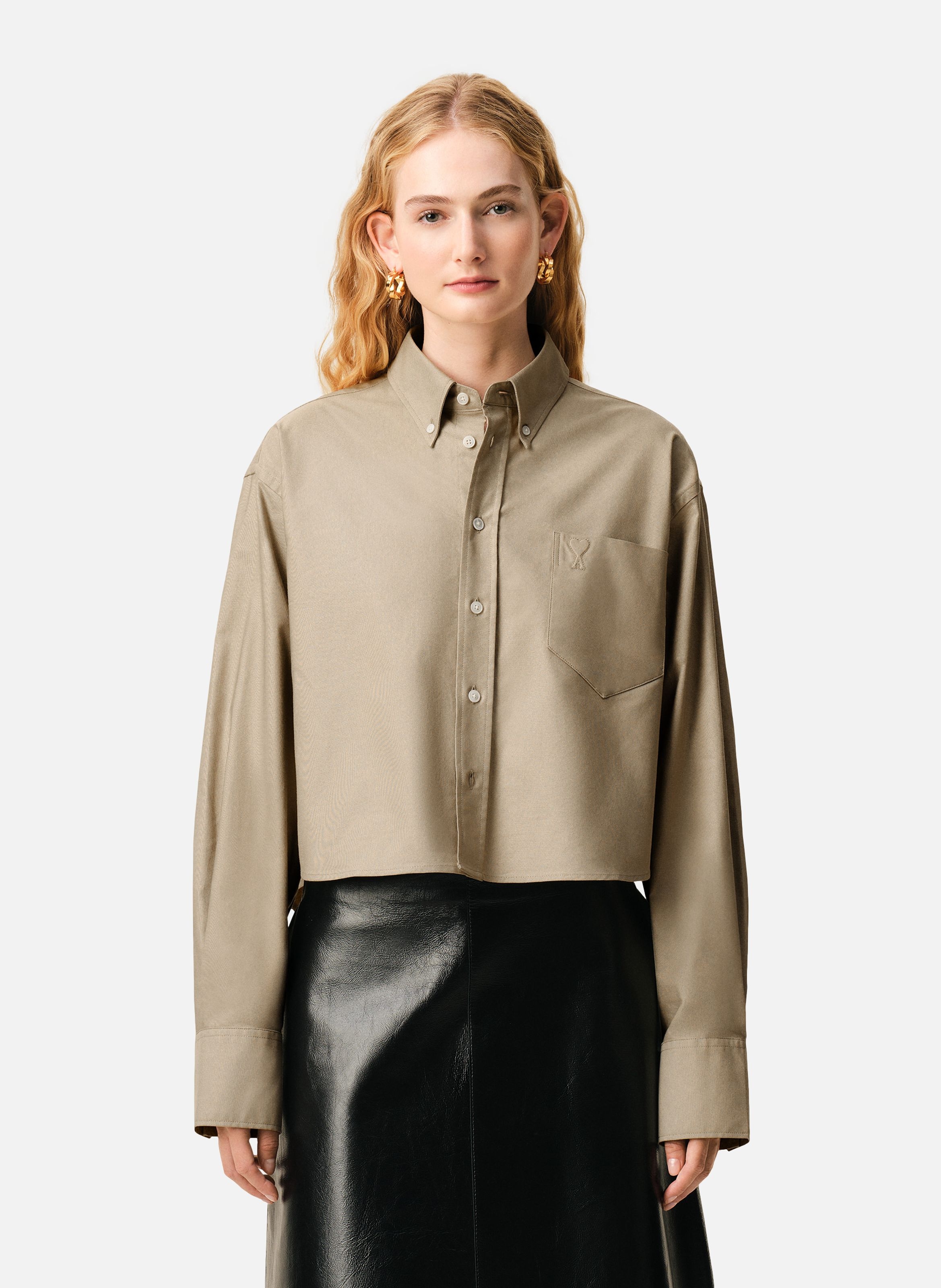 Chemise courte ami de coeur embossé en coton AMI PARIS Beige