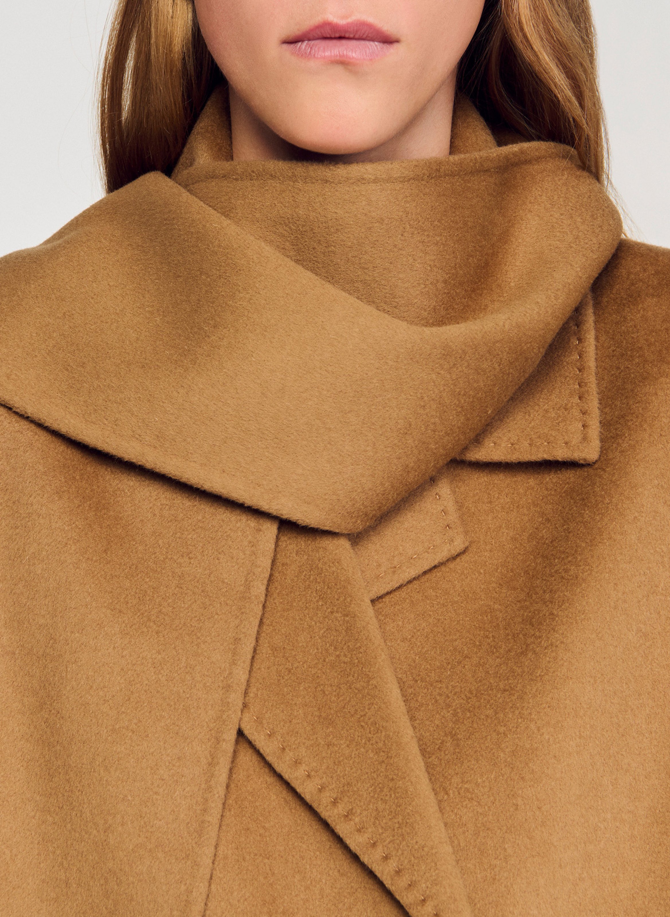 Manteau col à écharpe en laine SANDRO Marron