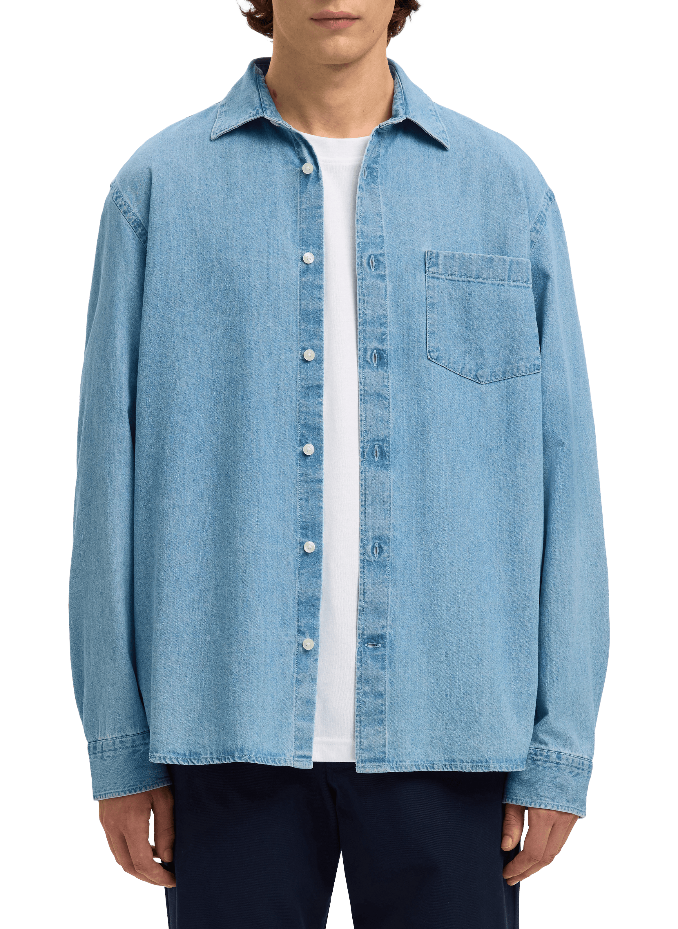 Classic collar shirt in cotton denim SELECTED Blue