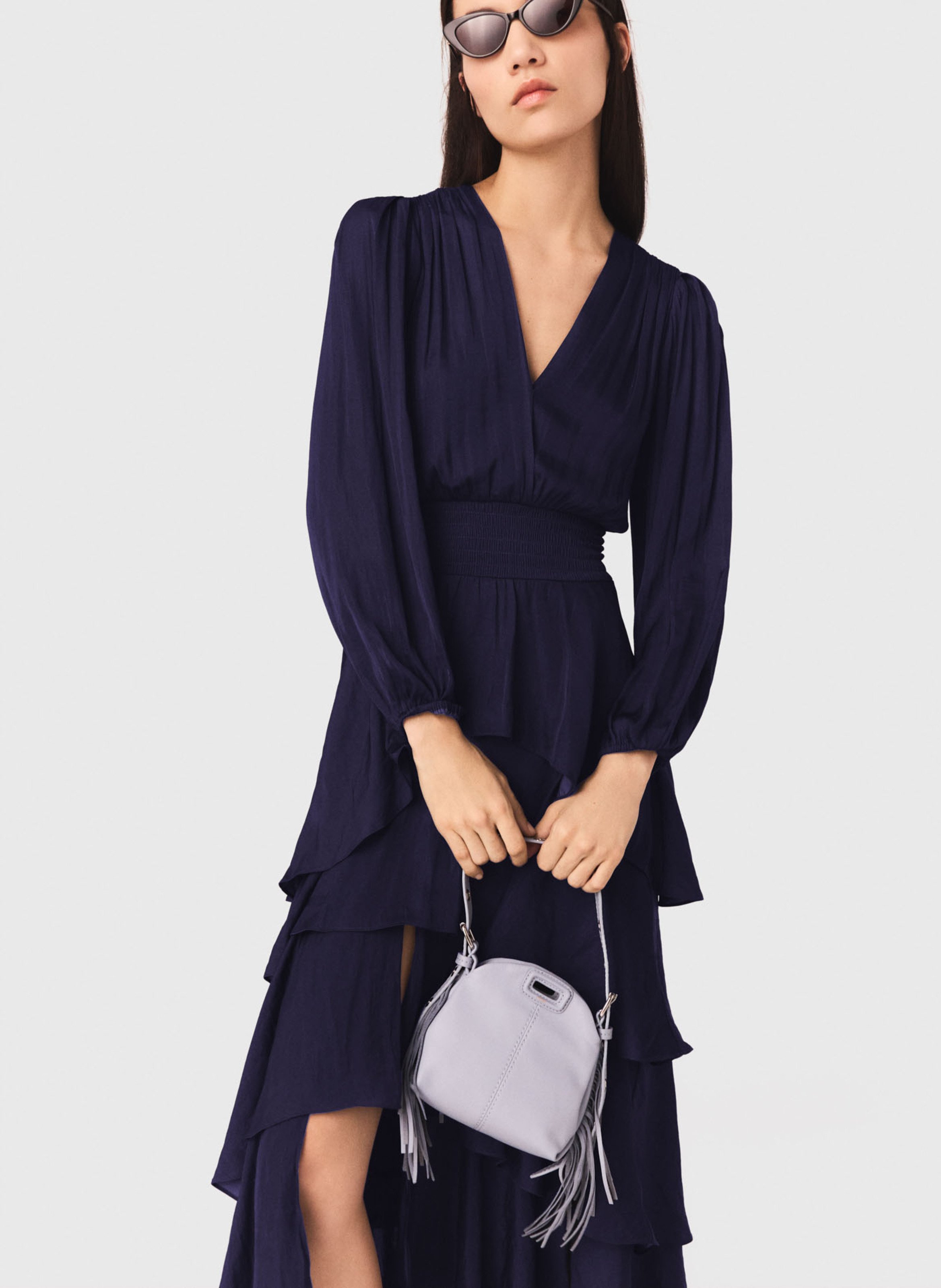 Robe longue col v à volants | Bleu MAJE Femme