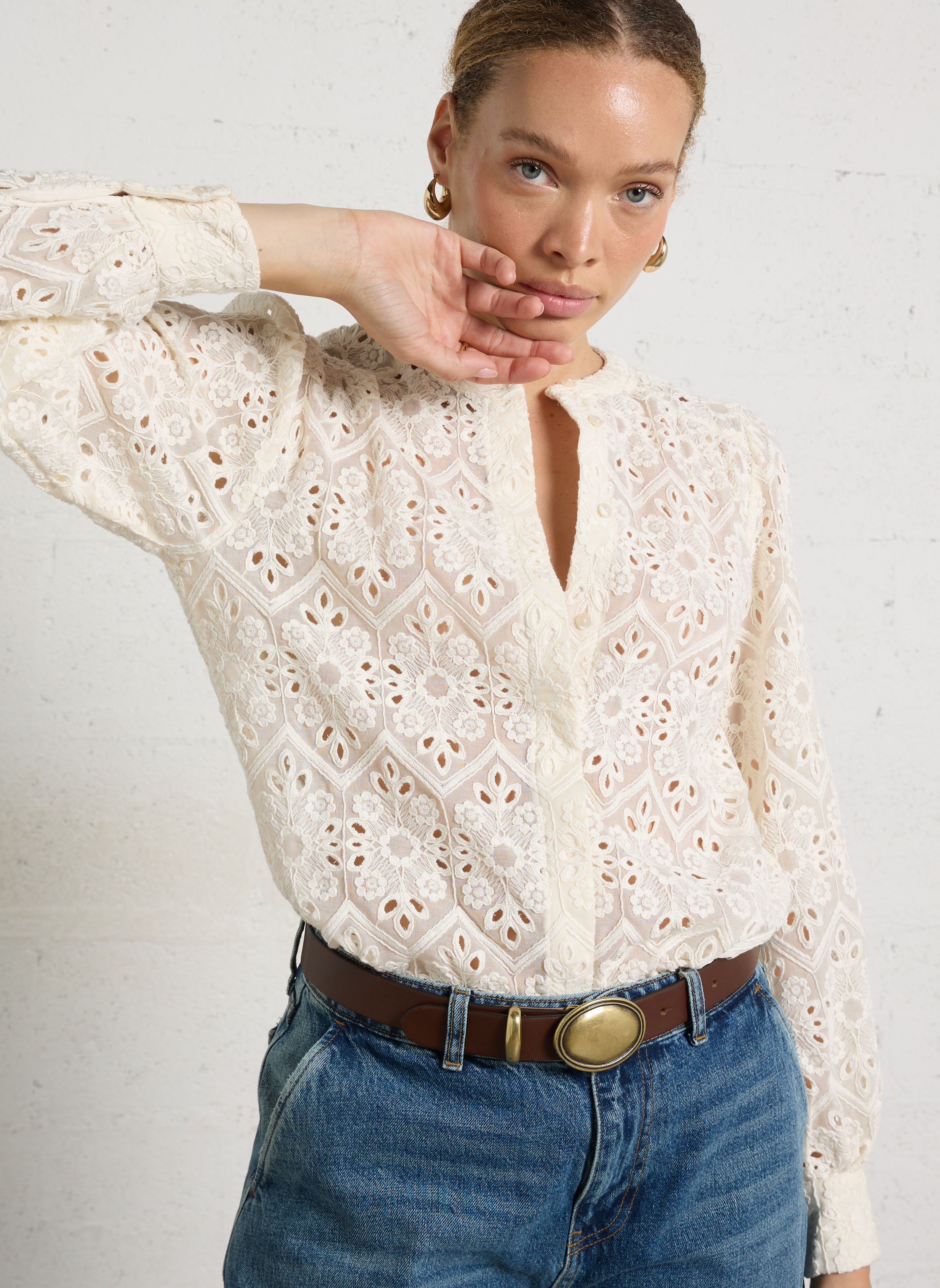 Chemise droite col rond brodée camomille MAISON 123 Beige