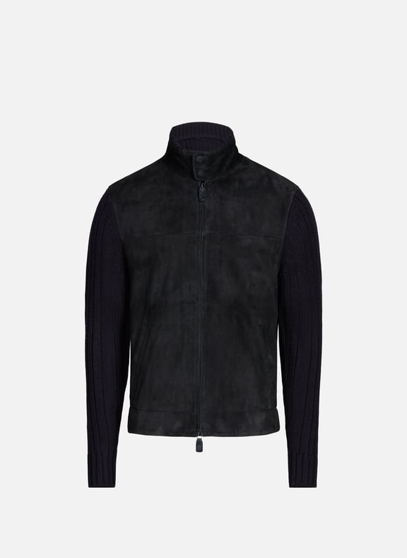 Suede bomber jacket in mixed wool and leather knit. Blue by EMPORIO ARMANI EMPORIO ARMANI Suede bomber jacket in mixed wool and leather knit. Blue