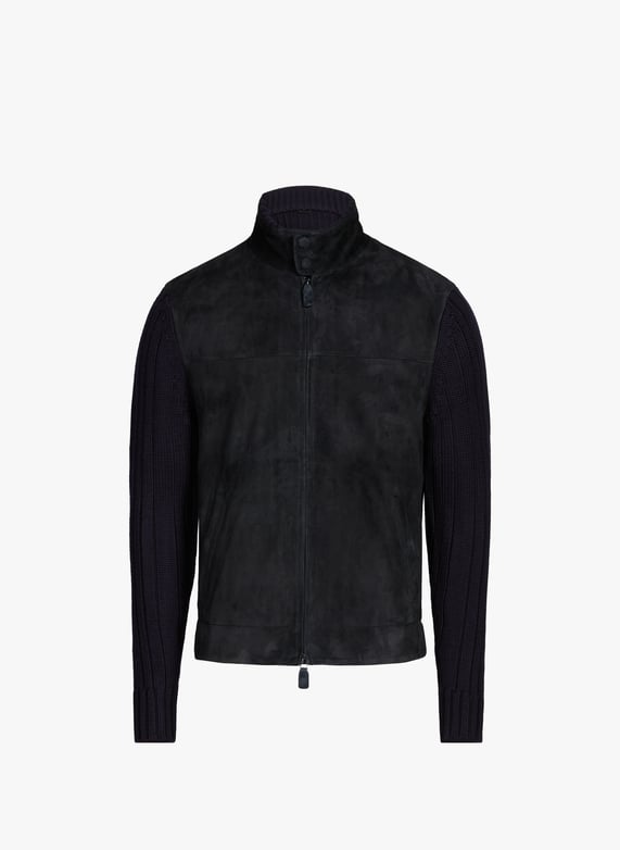 Blouson suédé et maille en laine et cuir mélangés | Bleu by EMPORIO ARMANI Blouson suédé et maille en laine et cuir mélangés Bleu