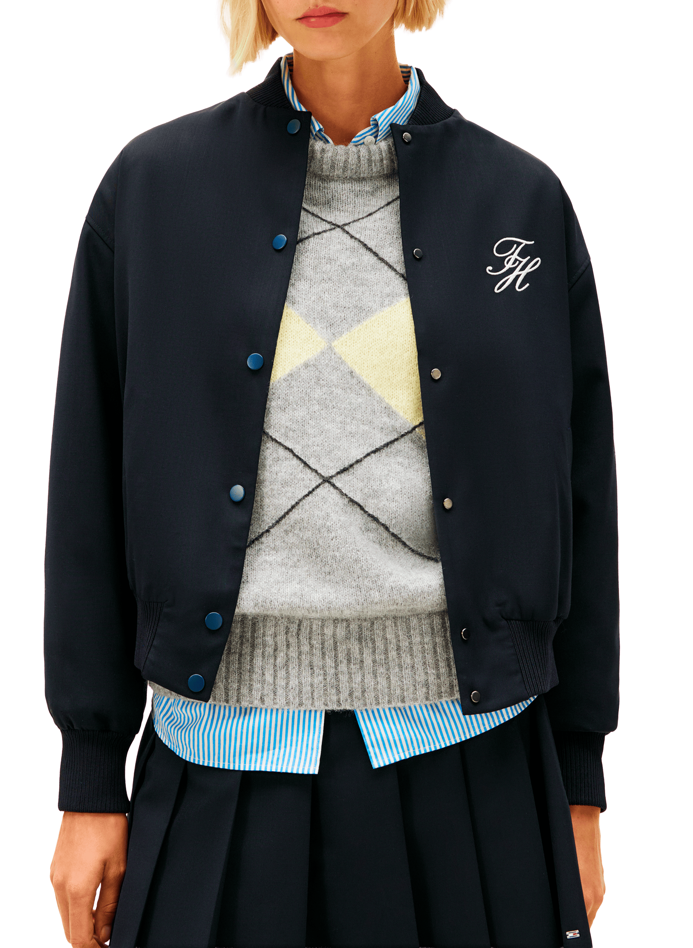 Veste droite brodée à col montant en laine mélangée TOMMY HILFIGER Bleu