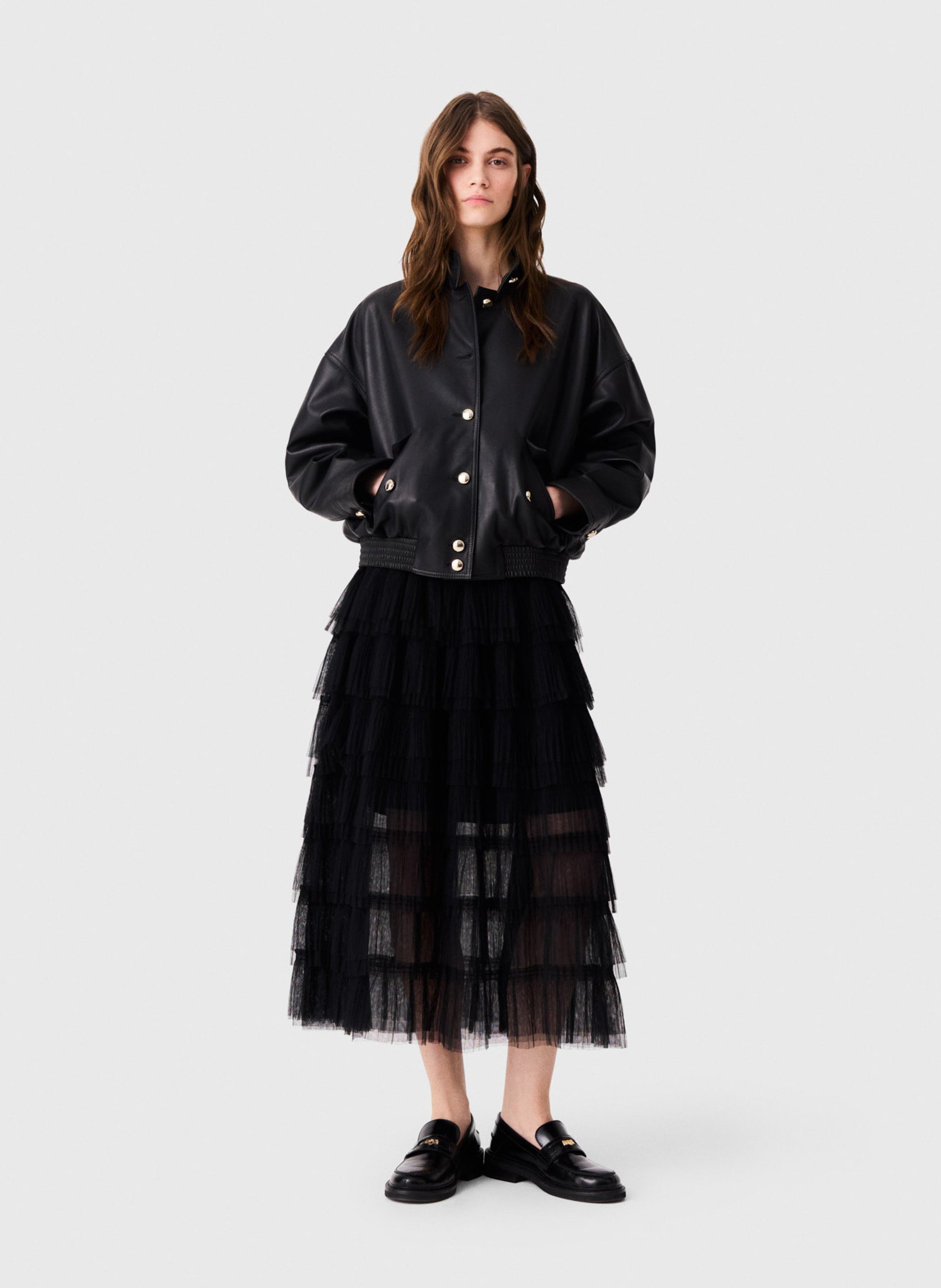 Jupe midi à volants en tulle MAJE Noir