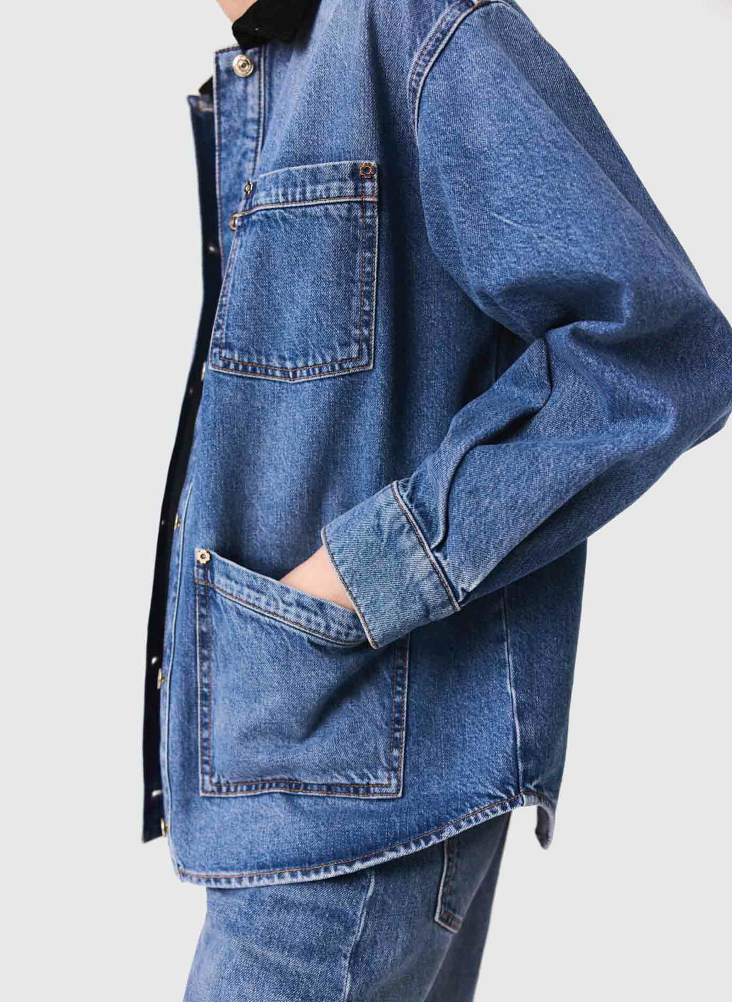 Blouson col rond en denim de coton MAJE Bleu