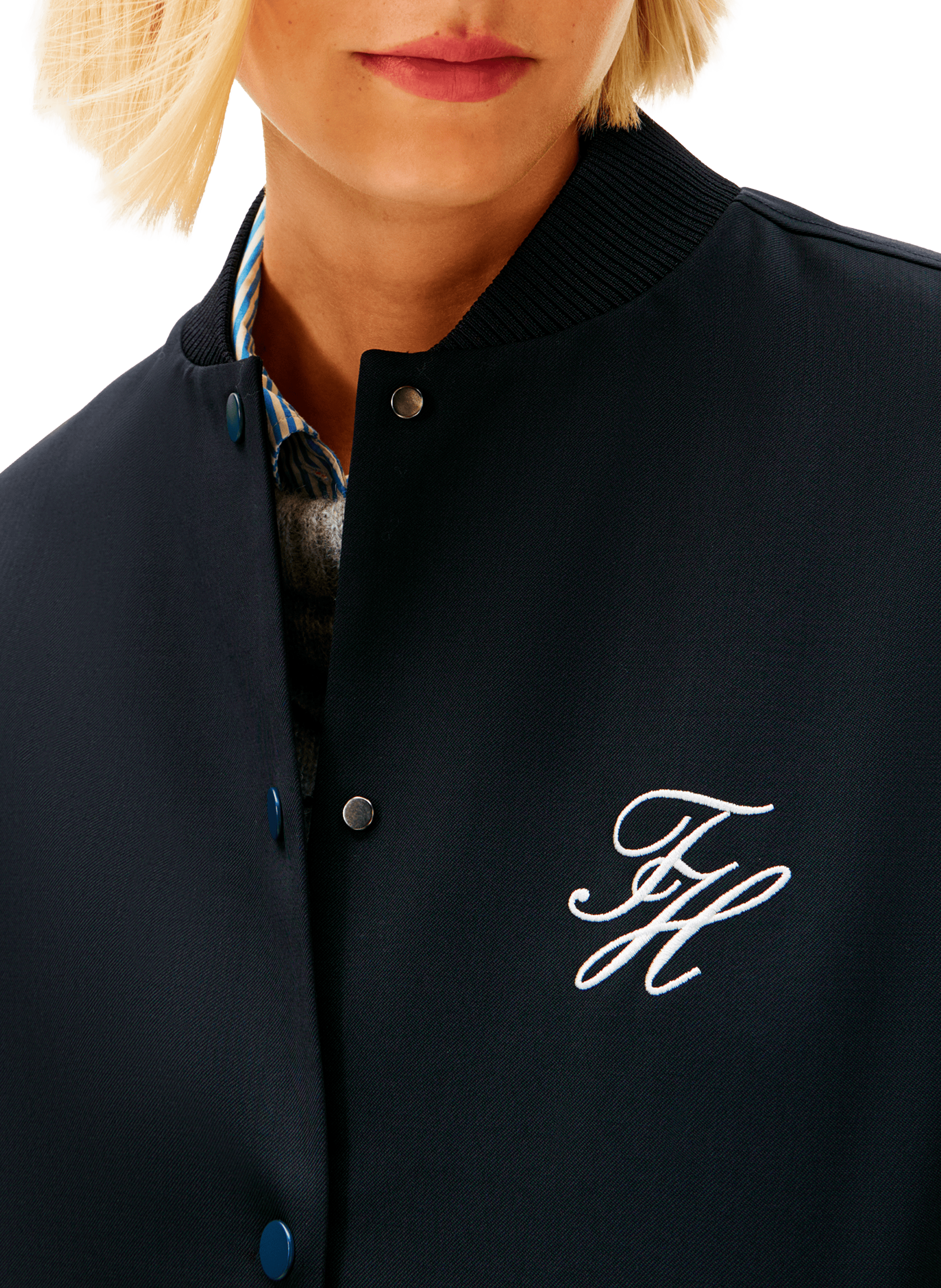 Veste droite brodée à col montant en laine mélangée TOMMY HILFIGER Bleu