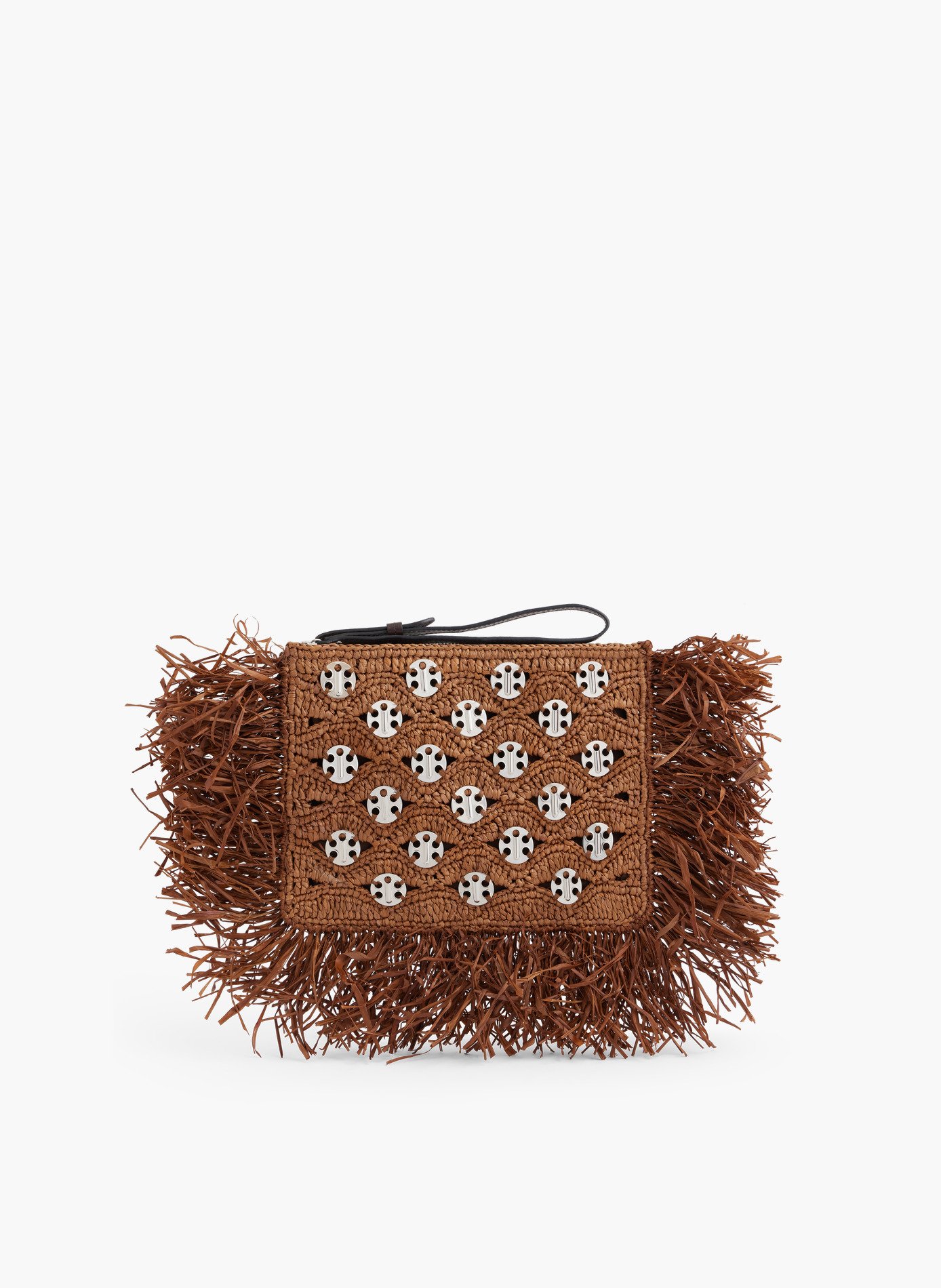 Pochette en raphia foncé avec détails de franges RABANNE Marron