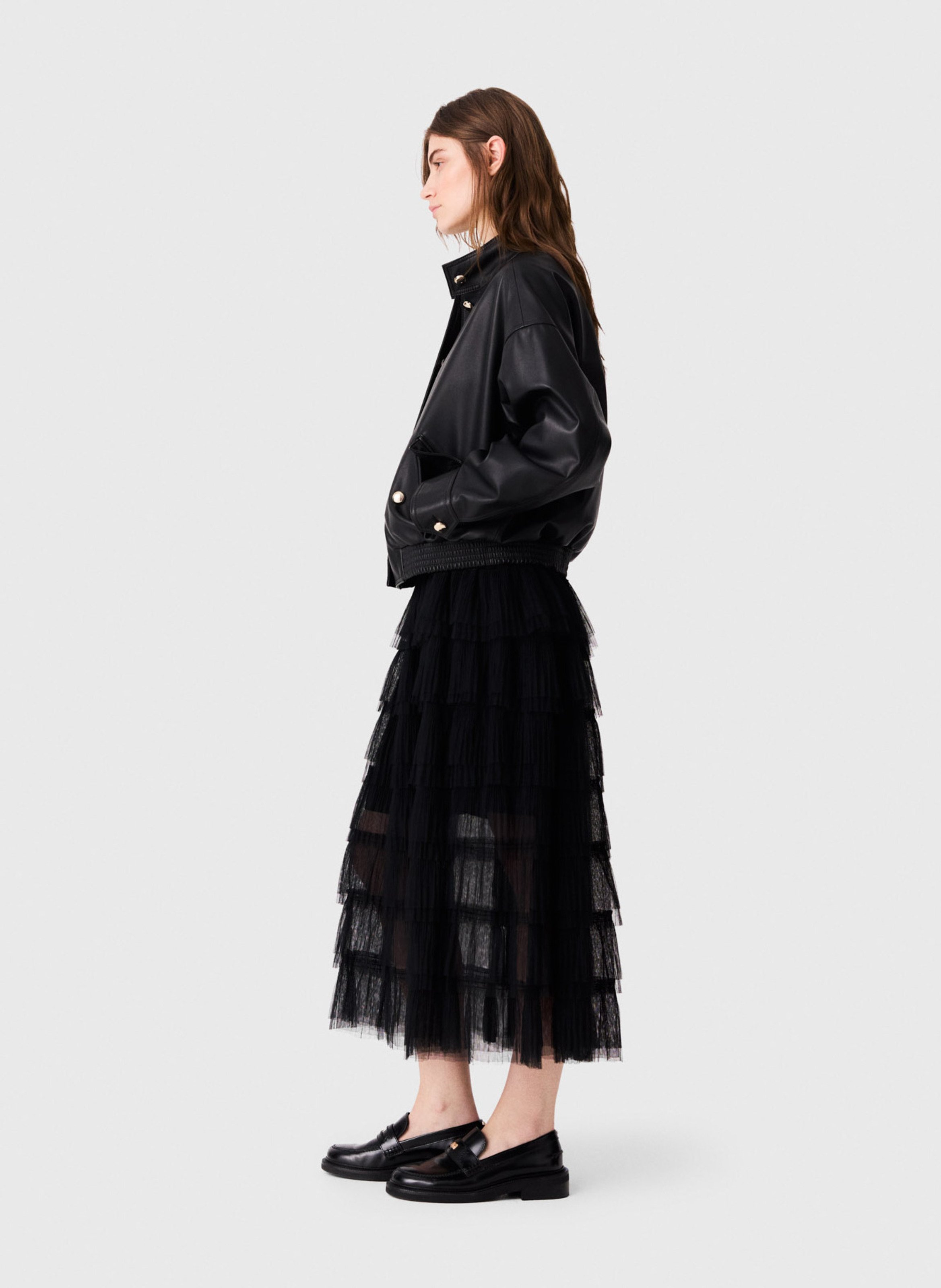 Jupe midi à volants en tulle MAJE Noir