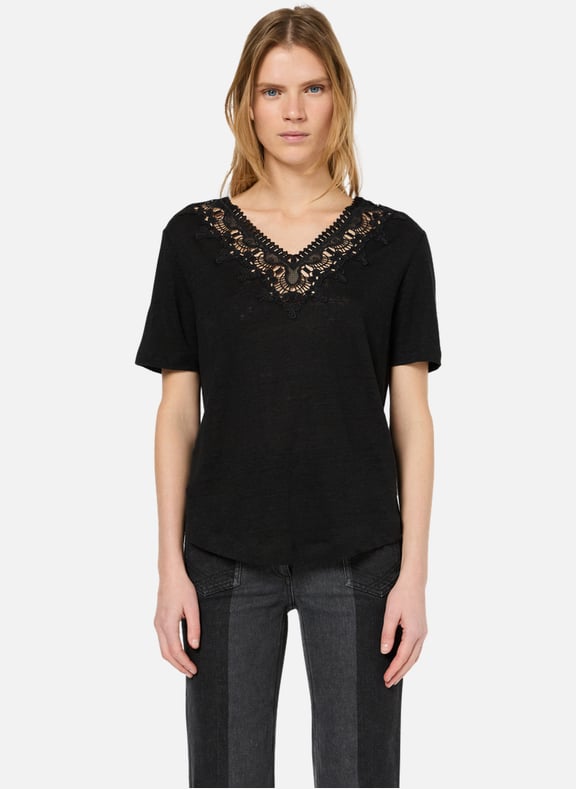 T-shirt en lin au col brodé - galatea Noir by GERARD DAREL GERARD DAREL T-shirt en lin au col brodé - galatea Noir