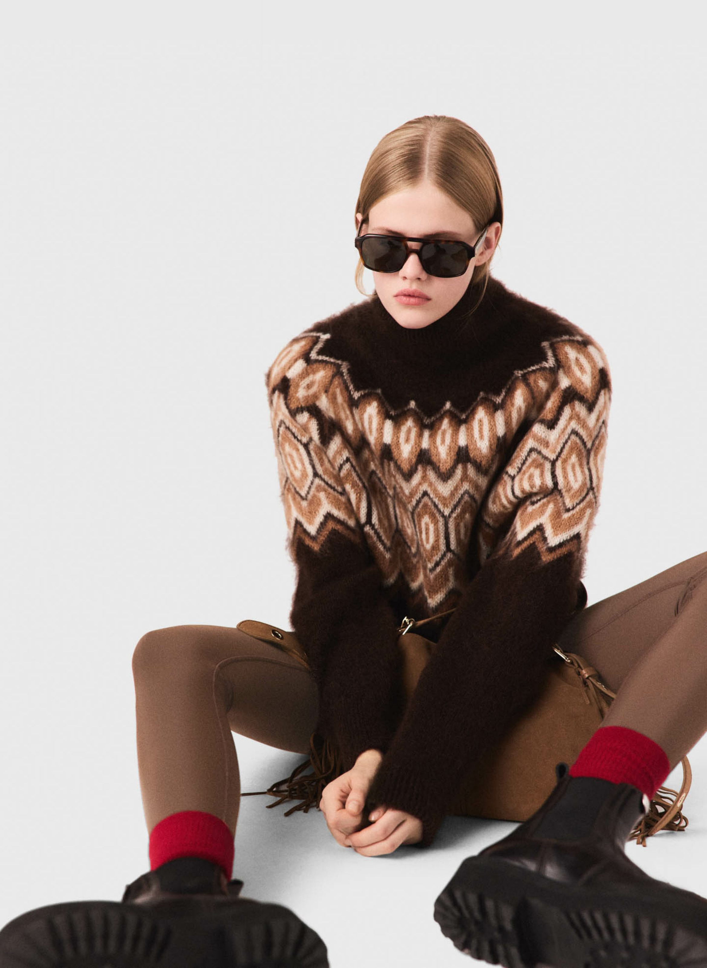 Pull jacquard col montant Marron