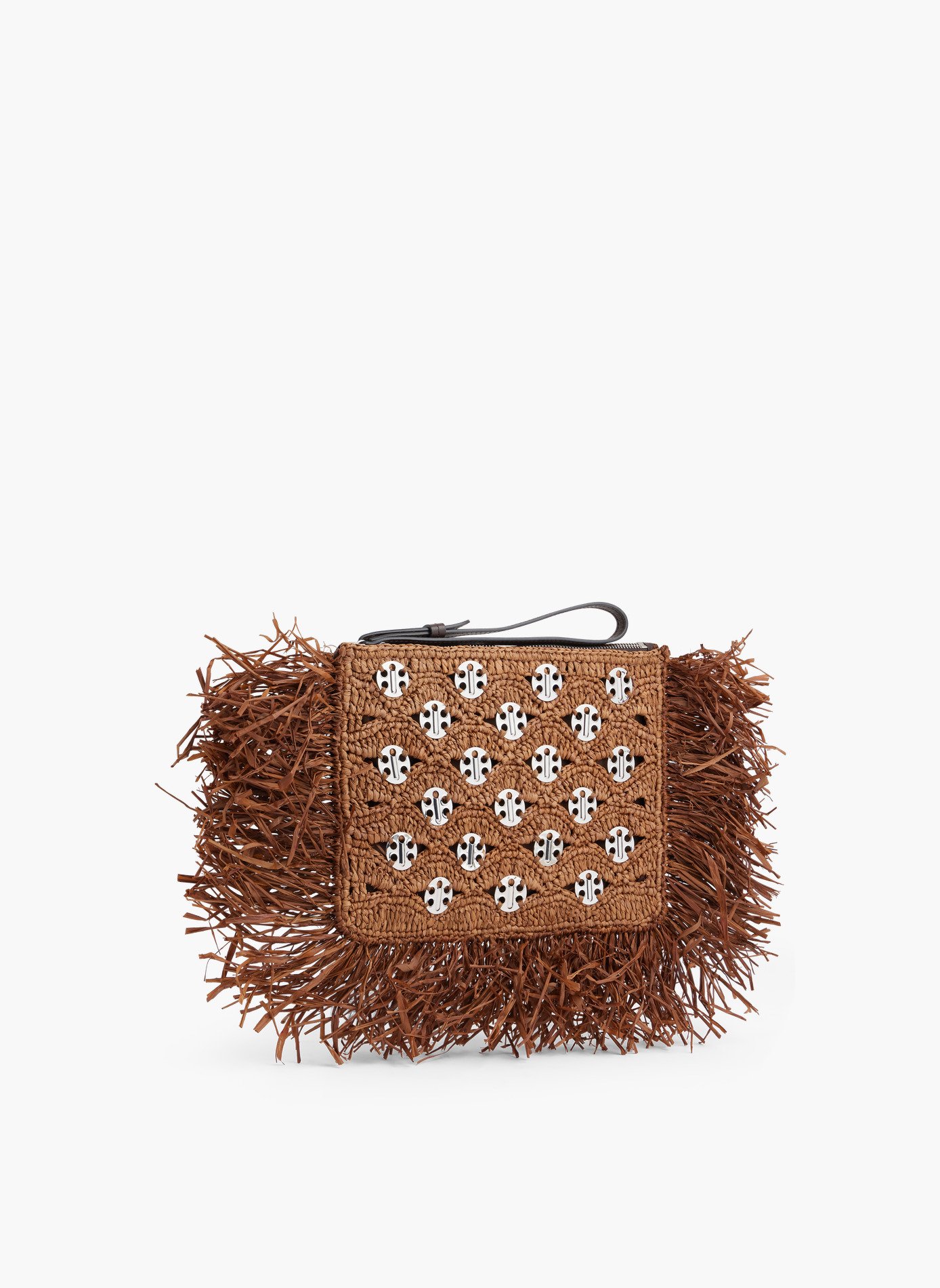 Pochette en raphia foncé avec détails de franges RABANNE Marron
