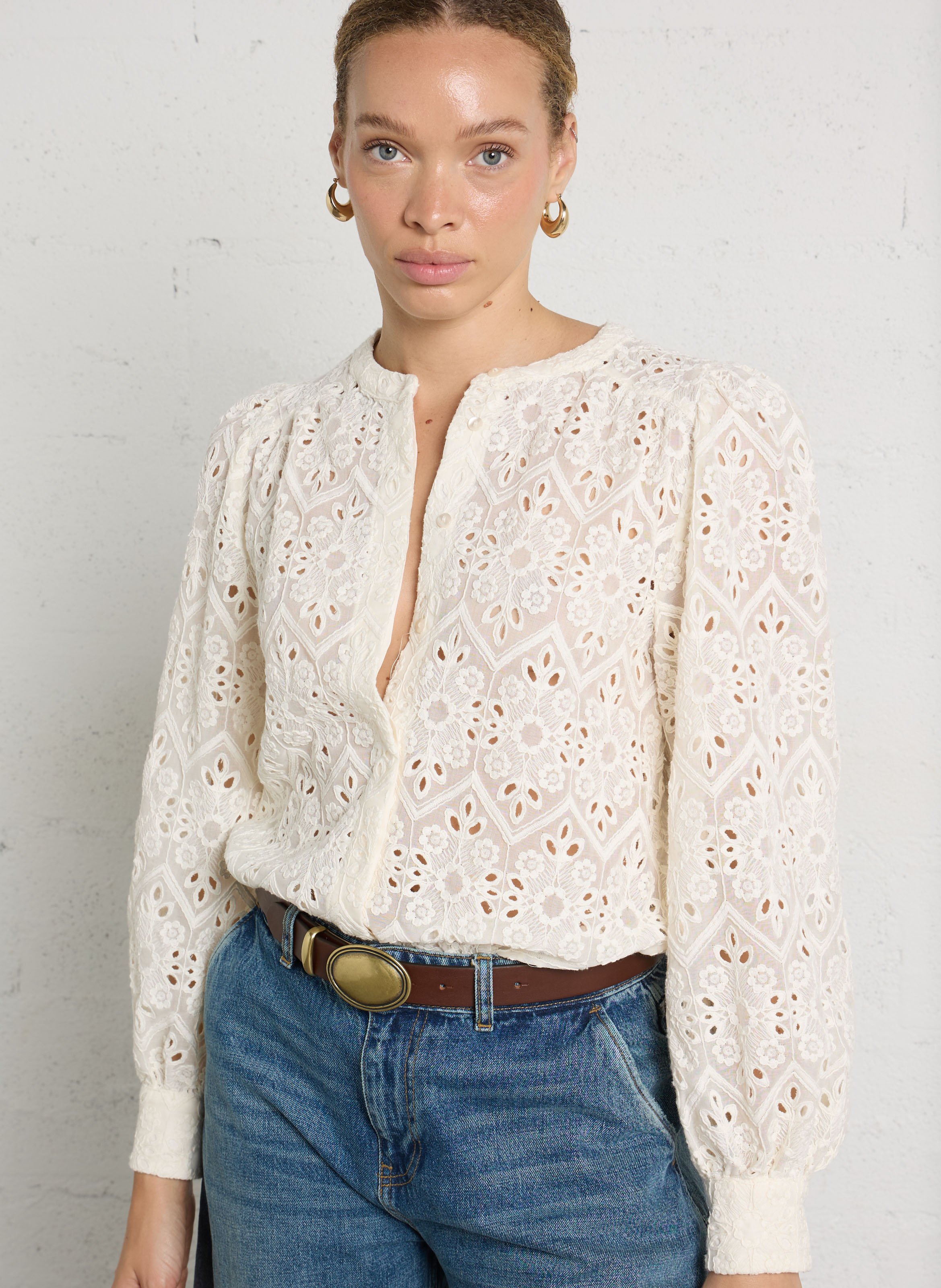 Chemise droite col rond brodée camomille MAISON 123 Beige