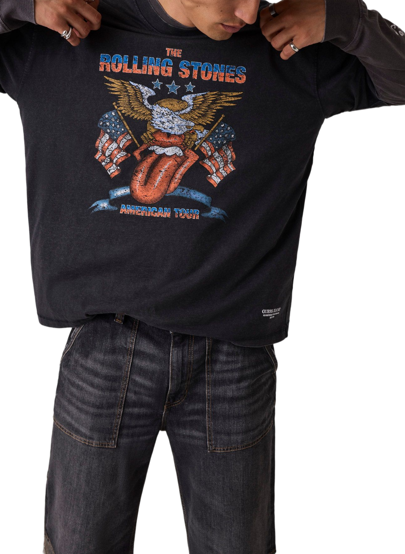 T-shirt droit col rond imprimé en coton GUESS Noir