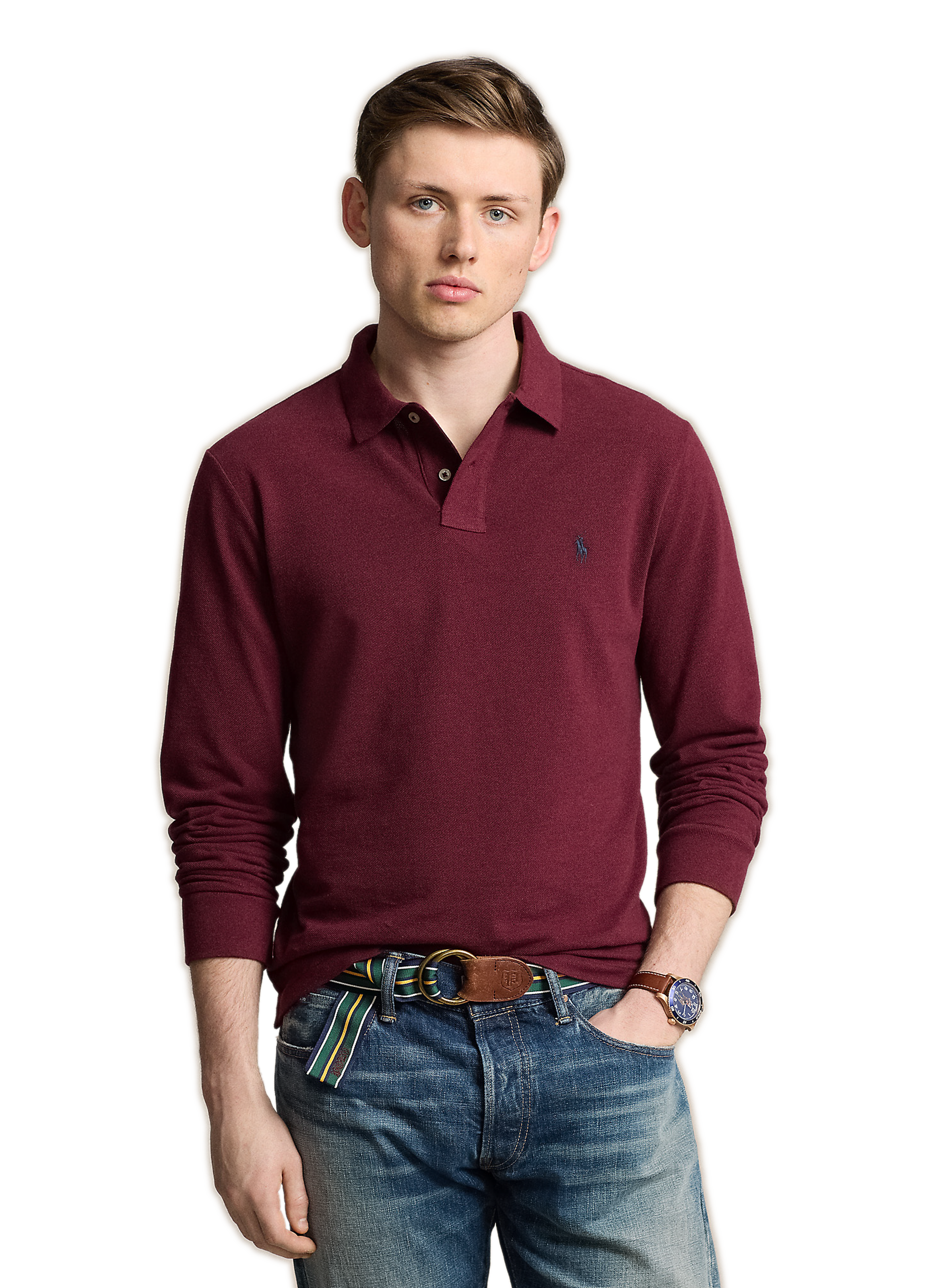 POLO RALPH LAUREN Polo droit à manches longues en maille piqué de coton Rouge