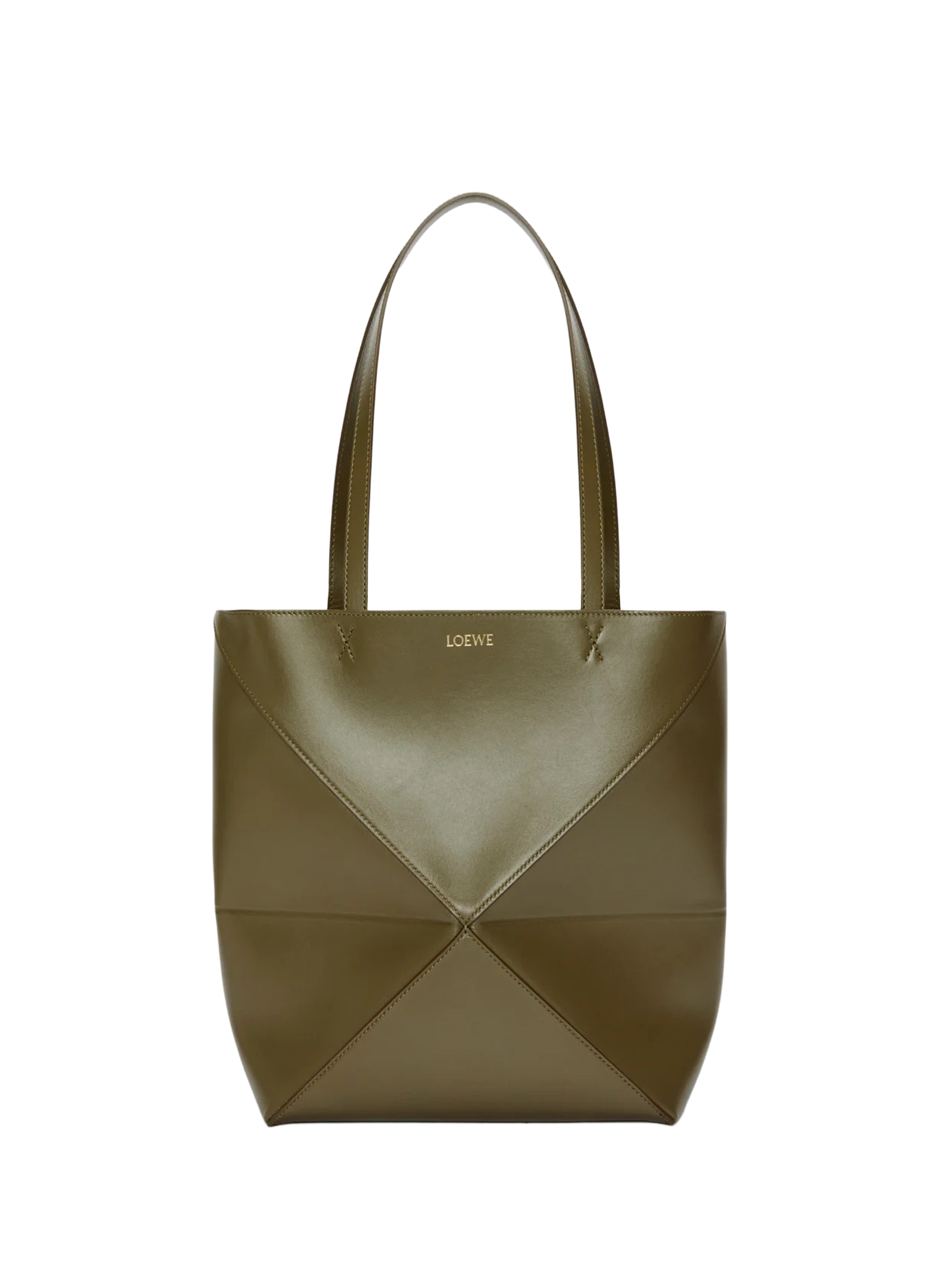 LOEWE Medium Puzzle Fold leather tote in shiny calfskin Khaki