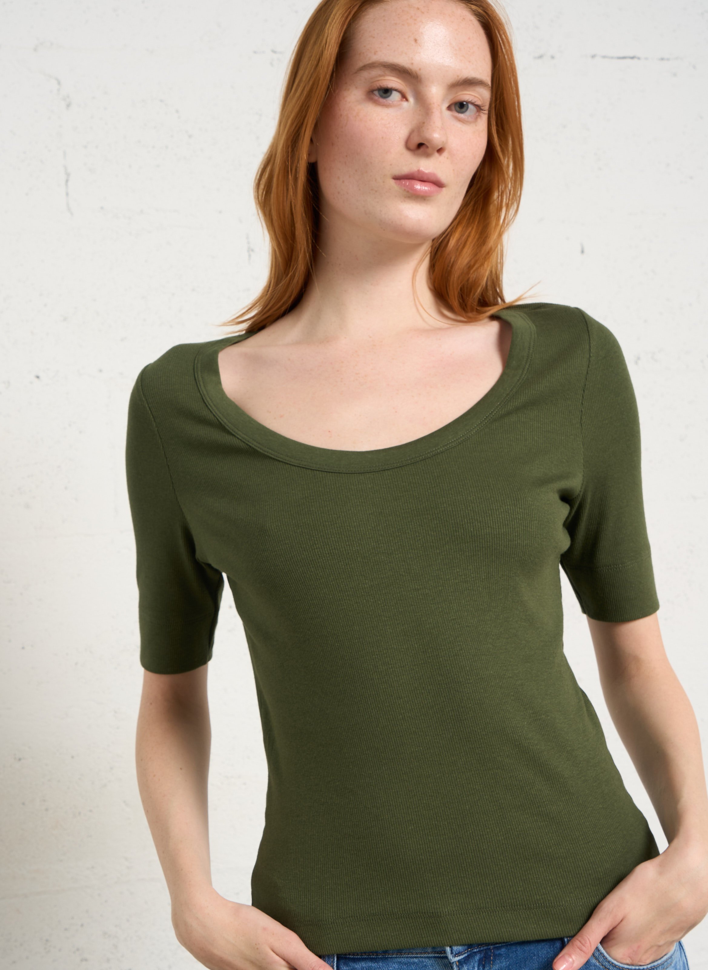 Tee-shirt col rond en coton mélangé lana MAISON 123 Kaki