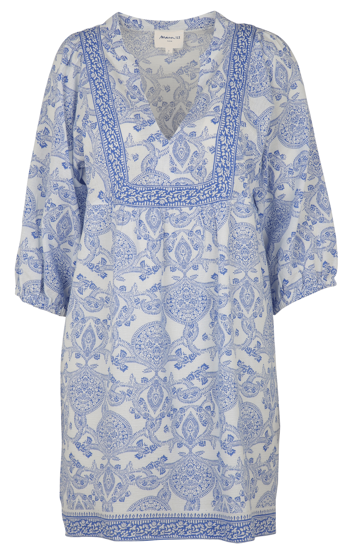 Robe midi col tunisien en coton et lin mélangé imprimé prune MAISON 123 Bleu