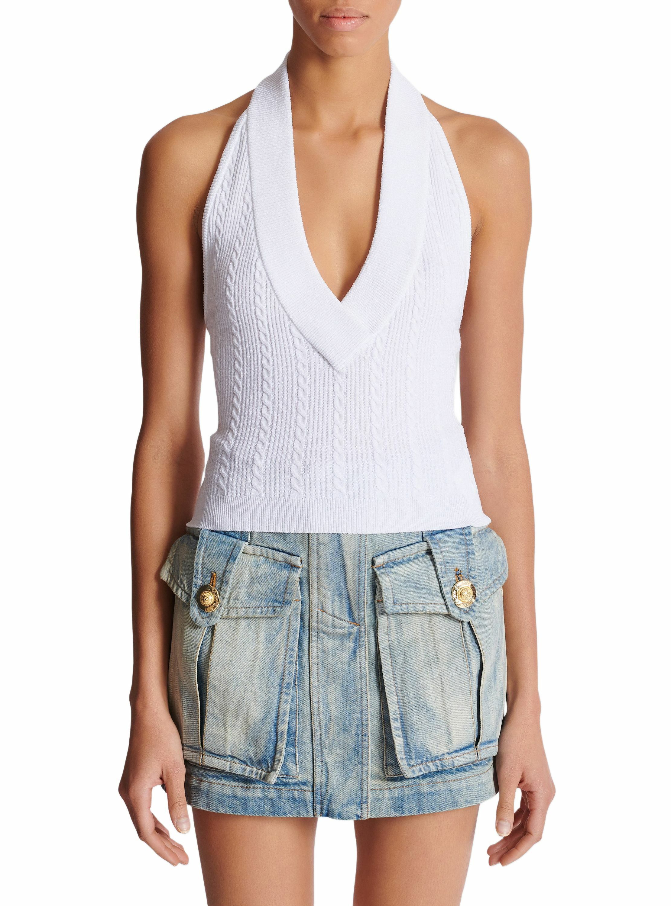 Top dos-nu en maille torsadée BALMAIN Blanc