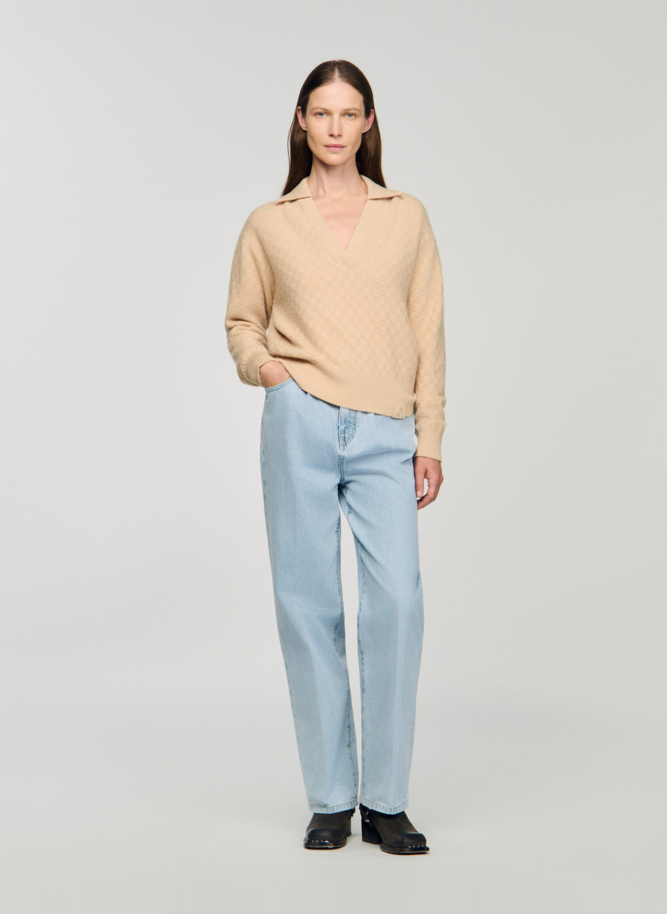 Pull col v en laine et en cachemire mélangés Beige