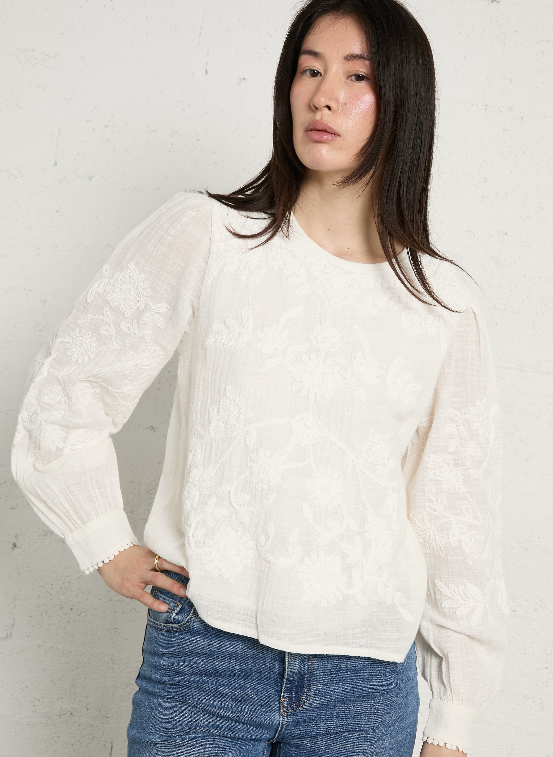 Top brodé en coton col rond debby MAISON 123 Blanc