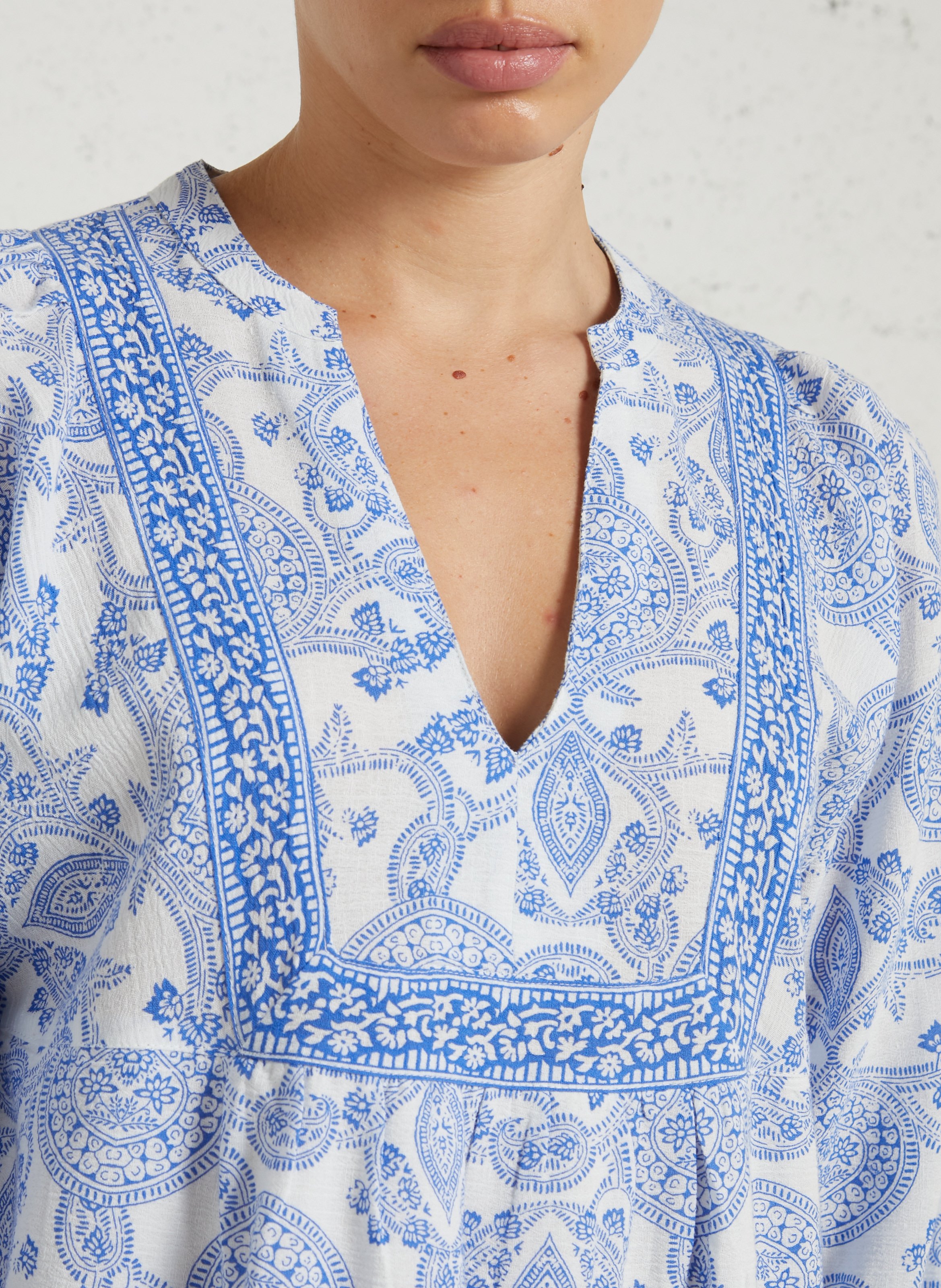 Robe midi col tunisien en coton et lin mélangé imprimé prune MAISON 123 Bleu
