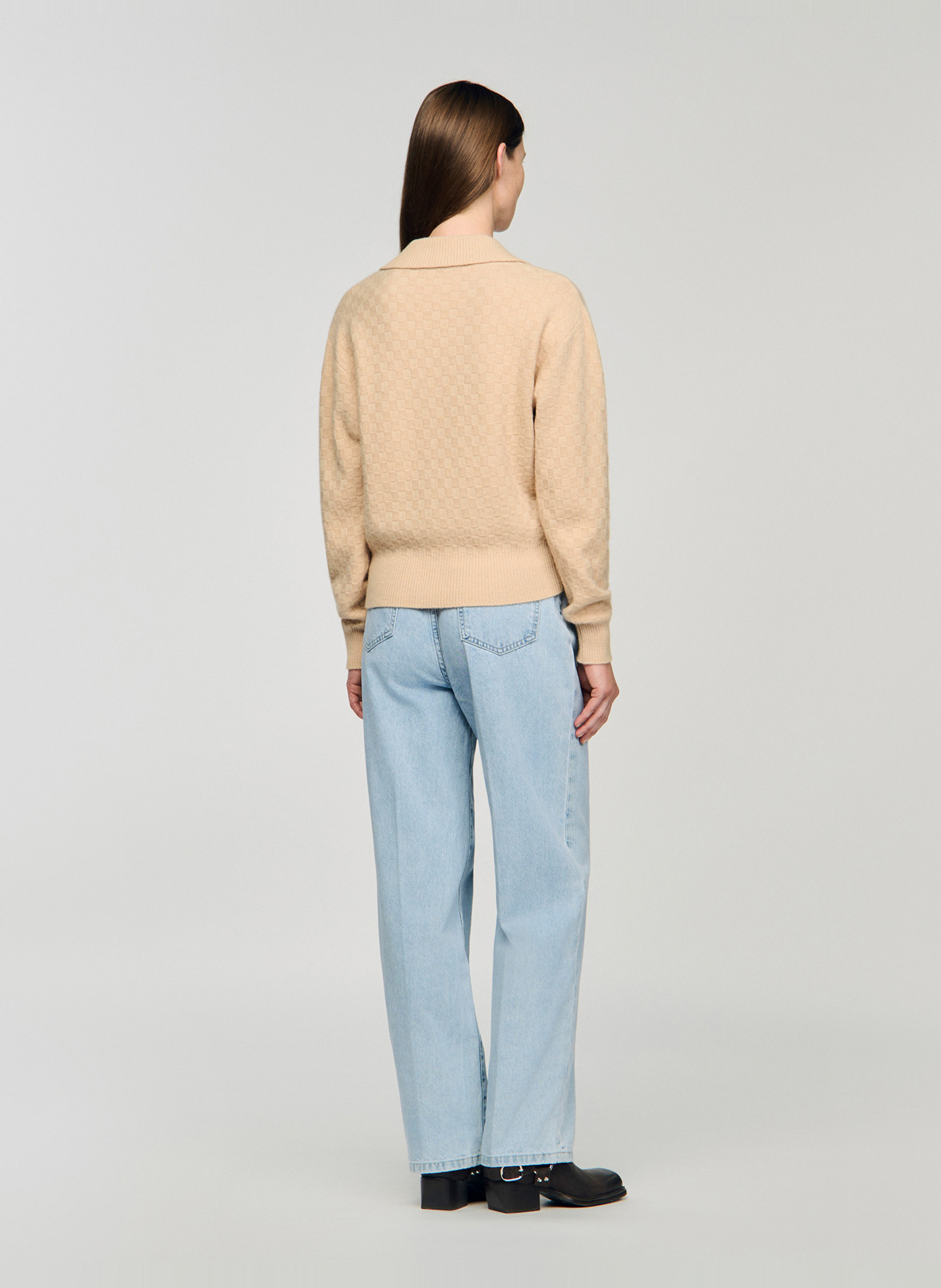 Pull col v en laine et en cachemire mélangés Beige