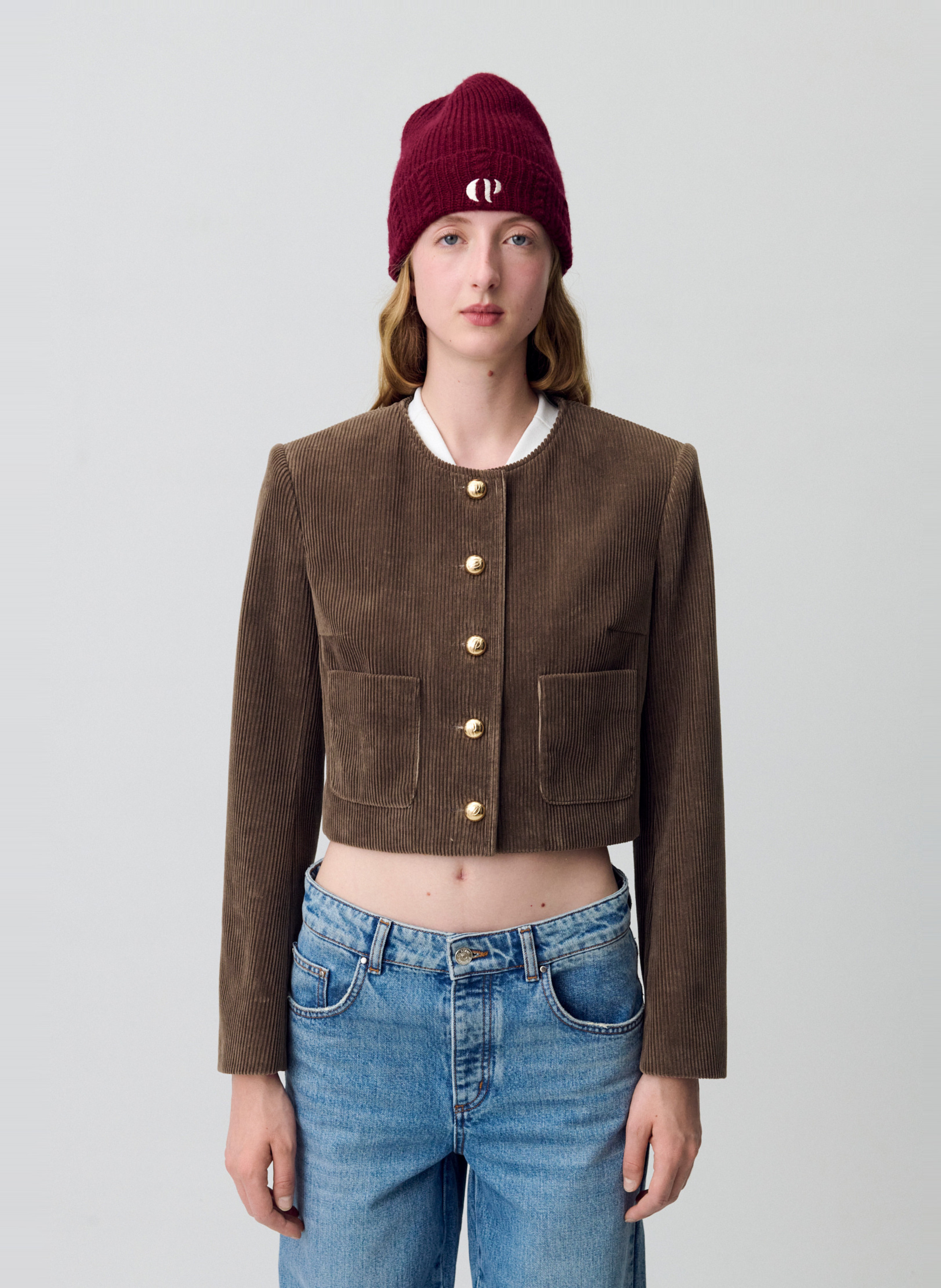 Veste courte en velours côtelé vanille CLAUDIE PIERLOT Marron