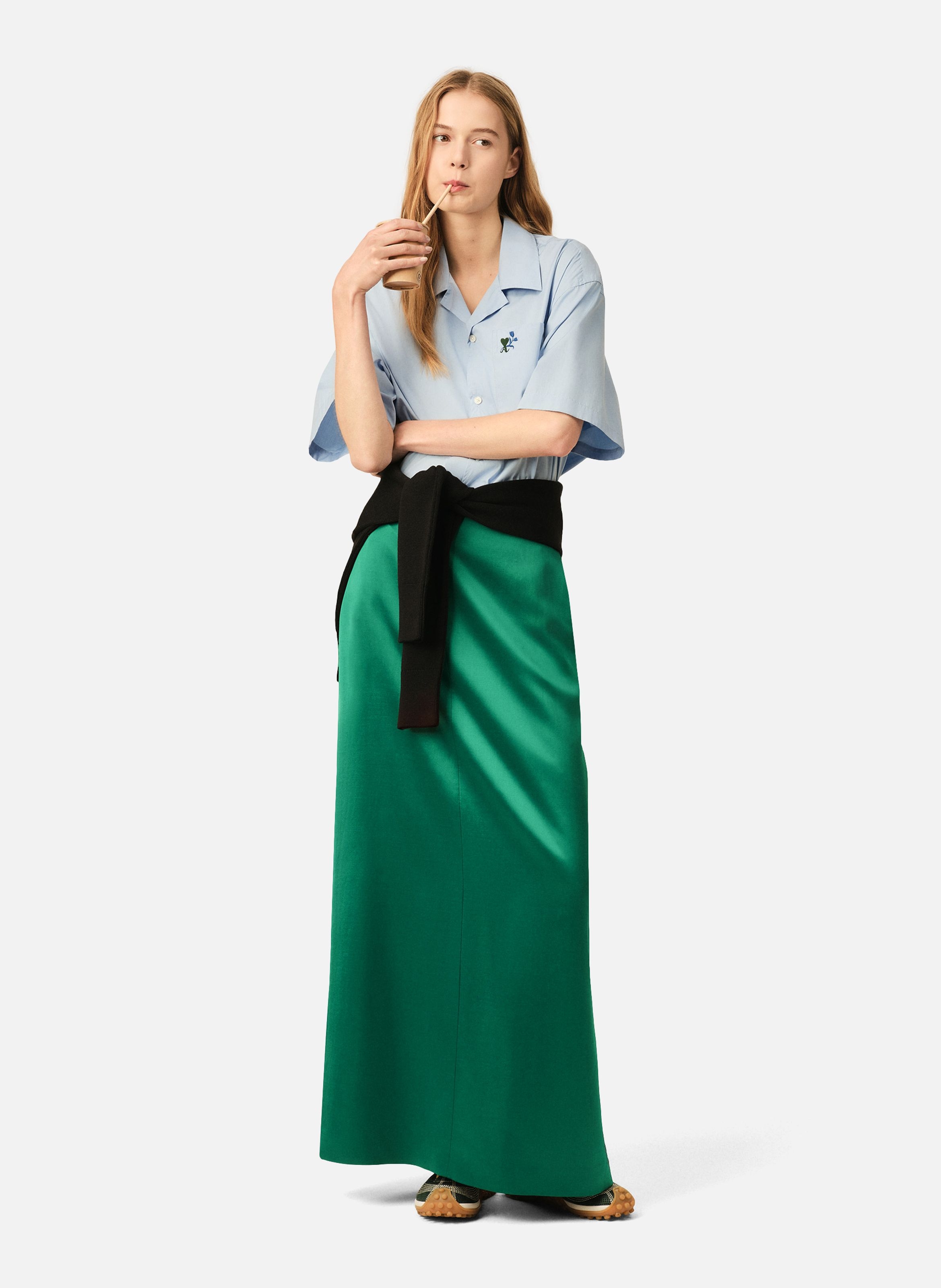 Jupe droite longue en viscose et laine AMI PARIS Vert