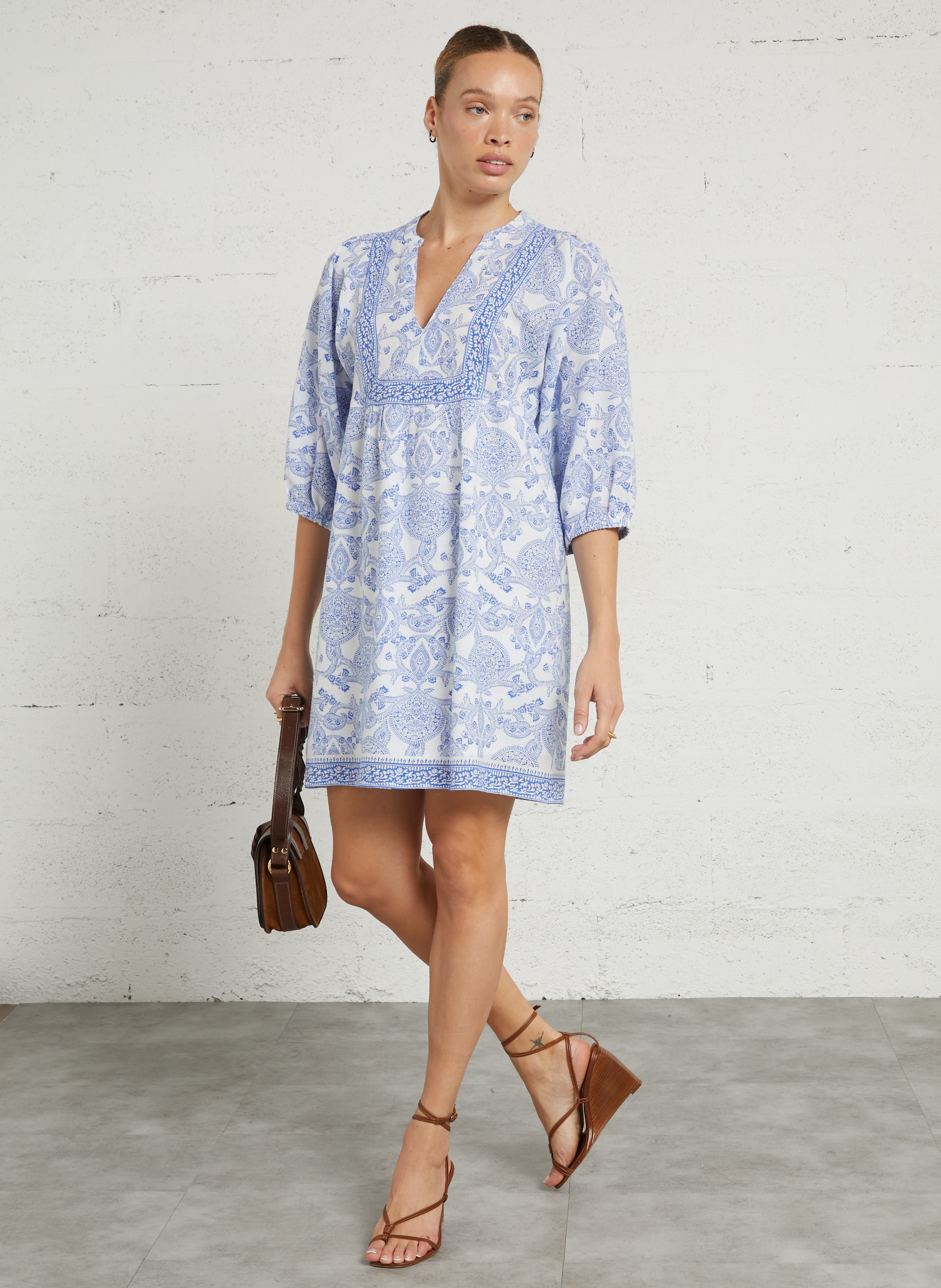 Robe midi col tunisien en coton et lin mélangé imprimé prune MAISON 123 Bleu