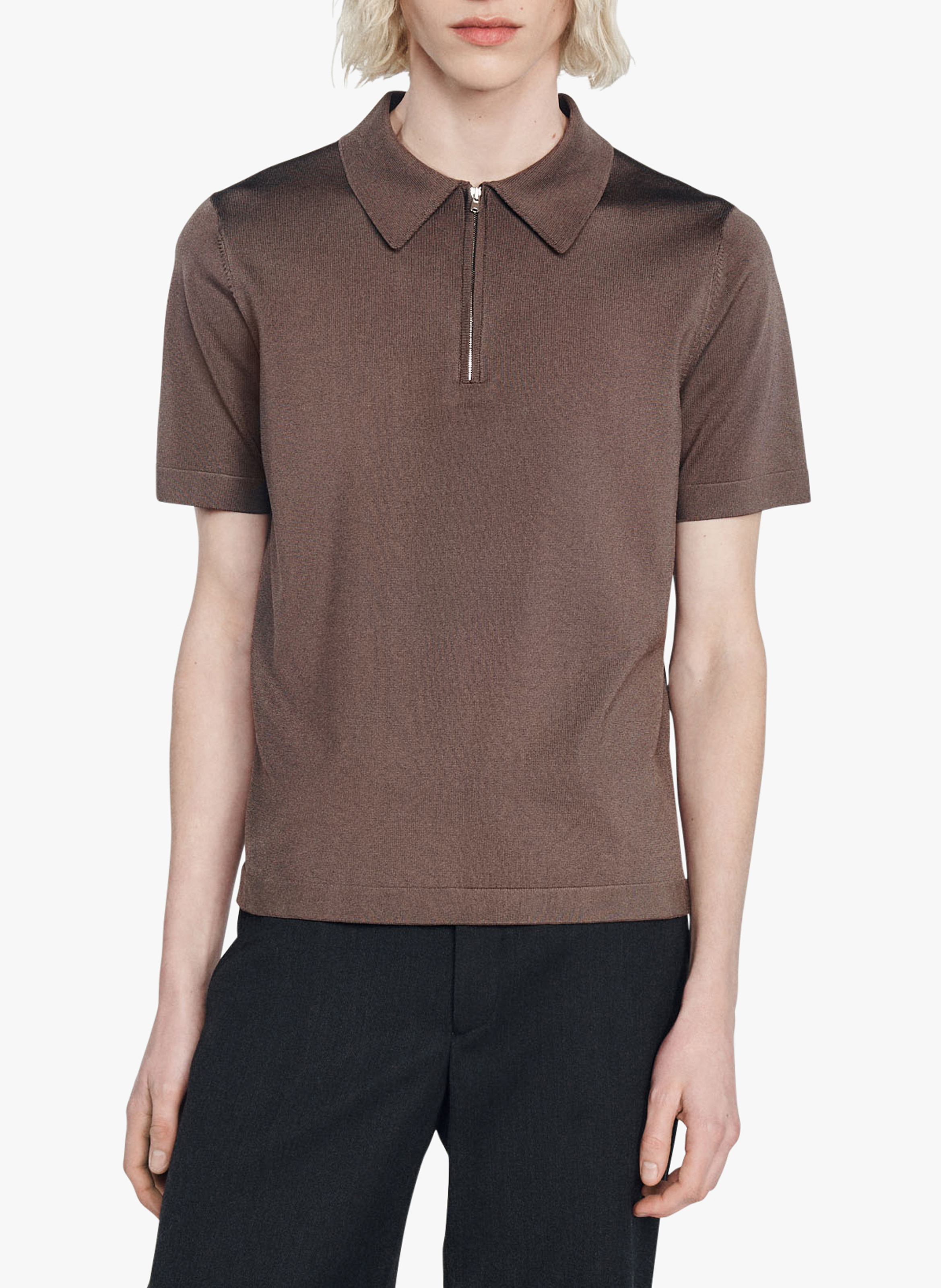 T-shirt manches courtes à col polo zippé SANDRO Beige