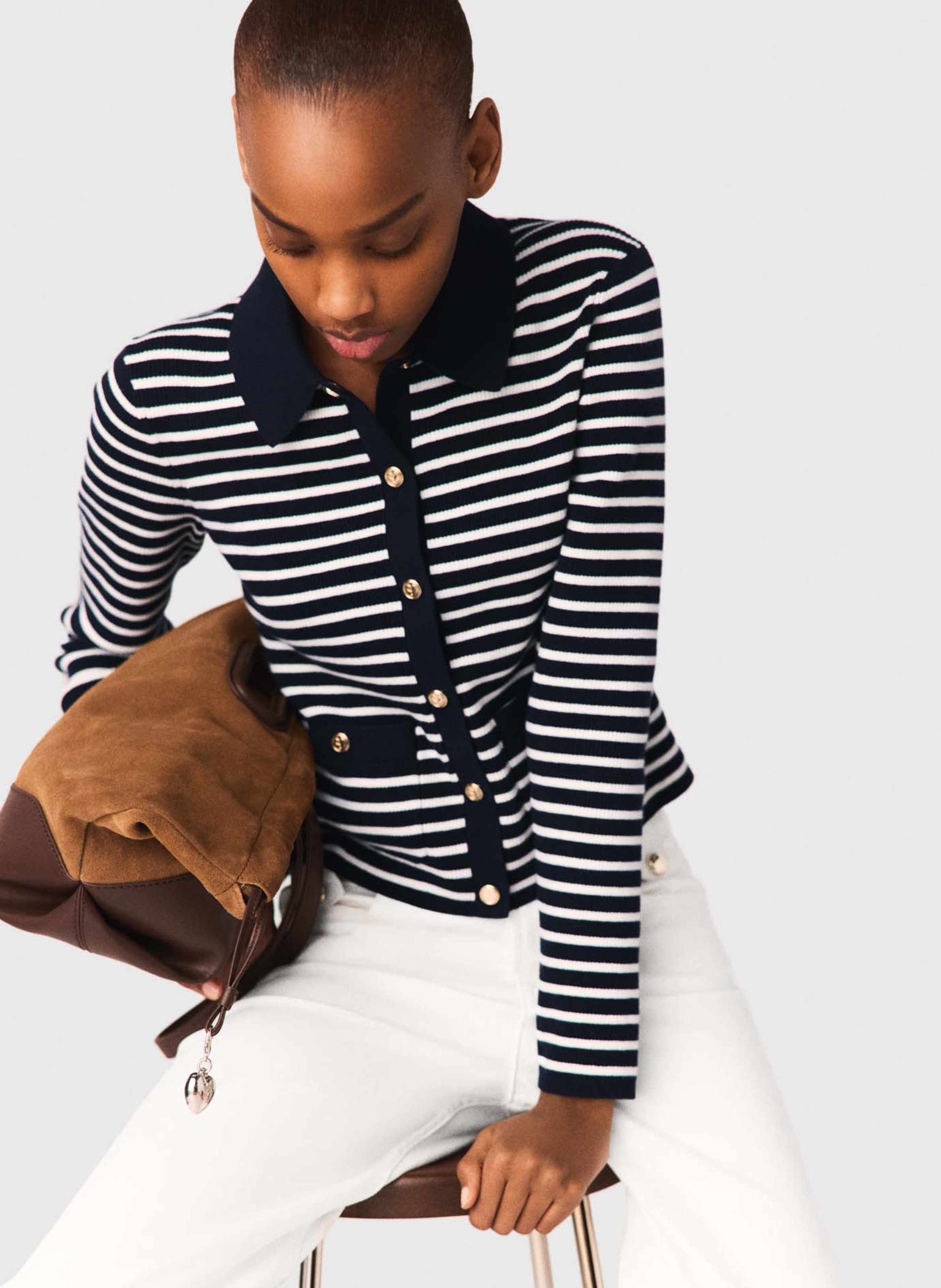 Cardigan droit col classique à rayures MAJE Bleu