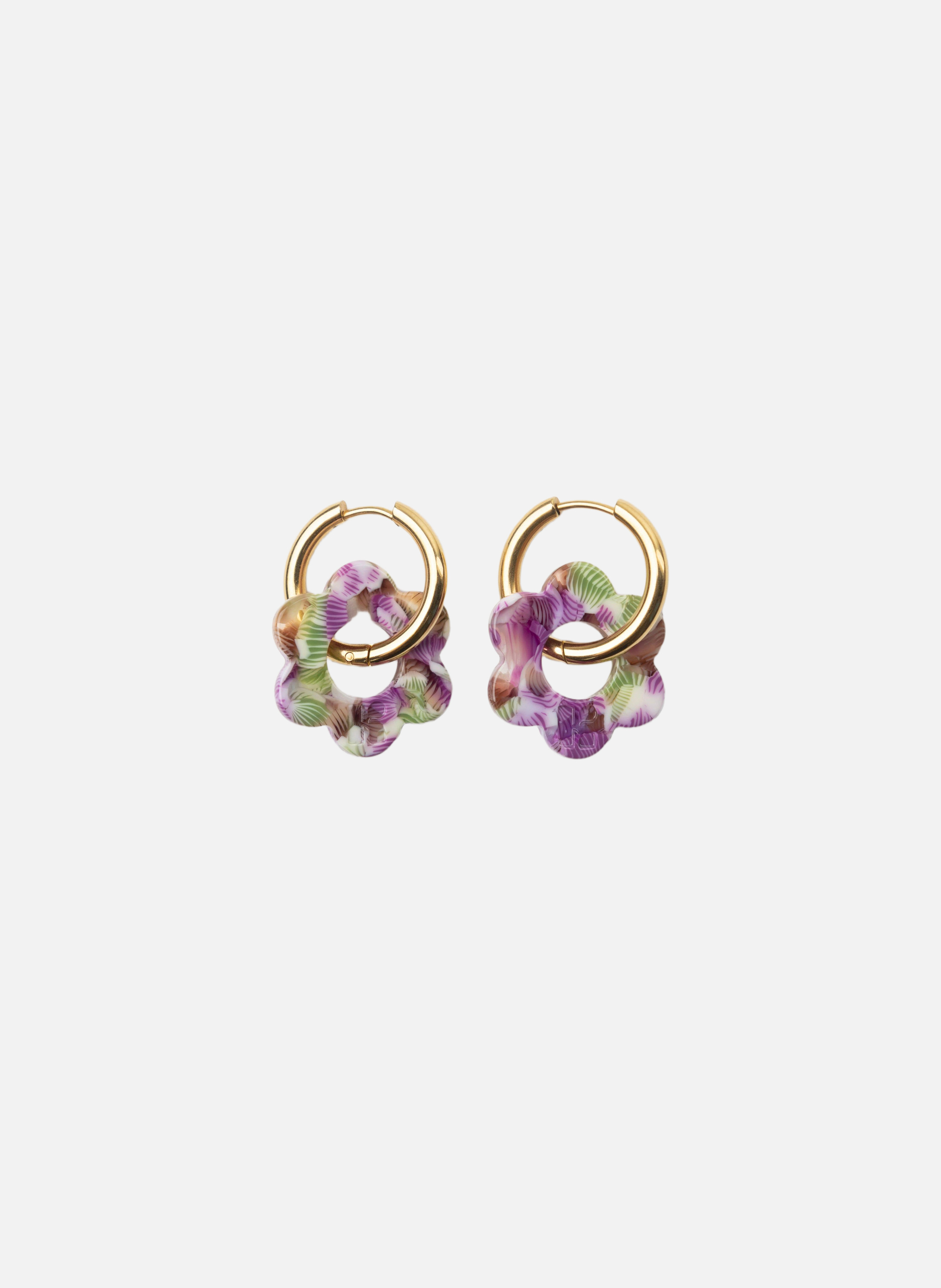 Boucles d'oreilles Baby Fleurette avec anneaux en acier inoxydable doré  Magenta et vert