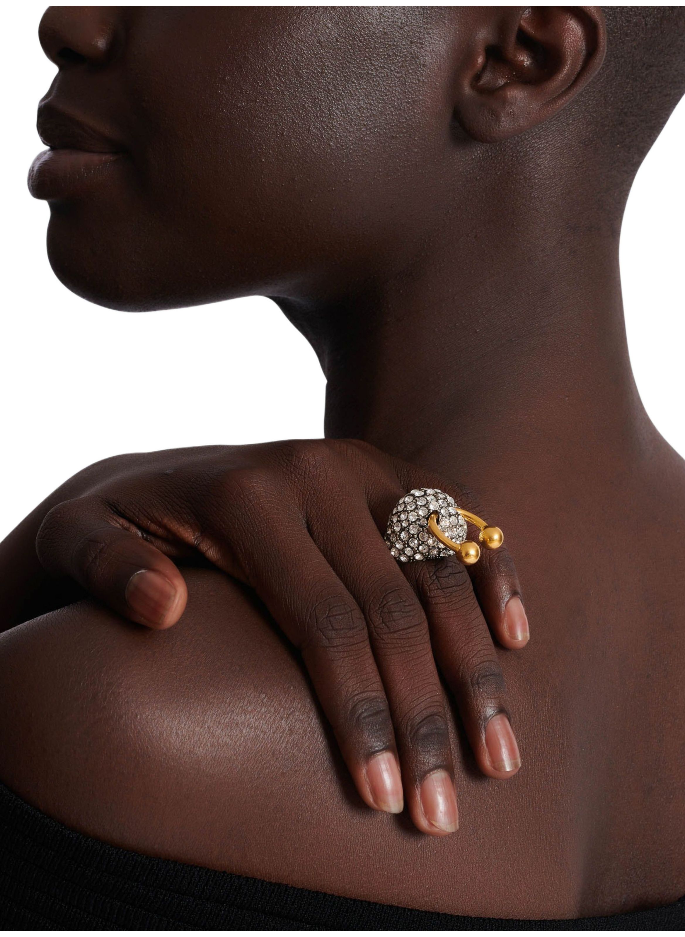 Bague piercing en laiton et strass BALMAIN Argent