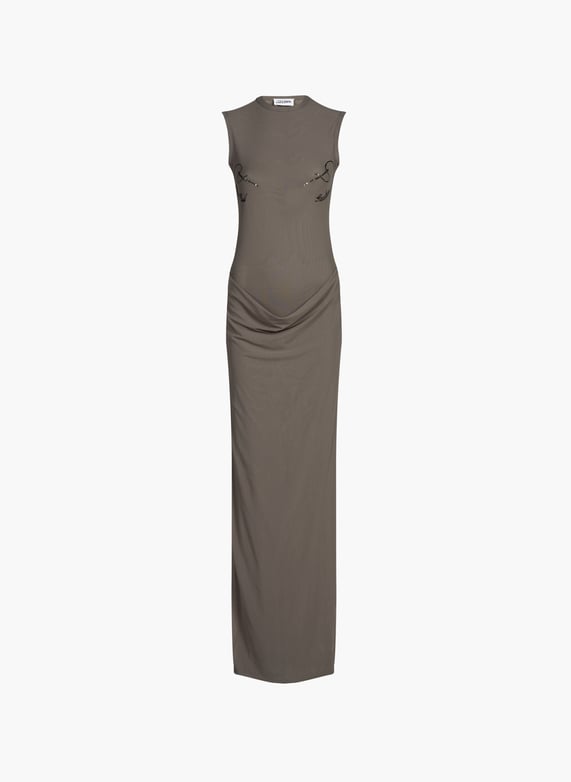 jean grey dress Grey crepe dress with an embroidered neckline By Jean Louis Sabaji Elilhaam