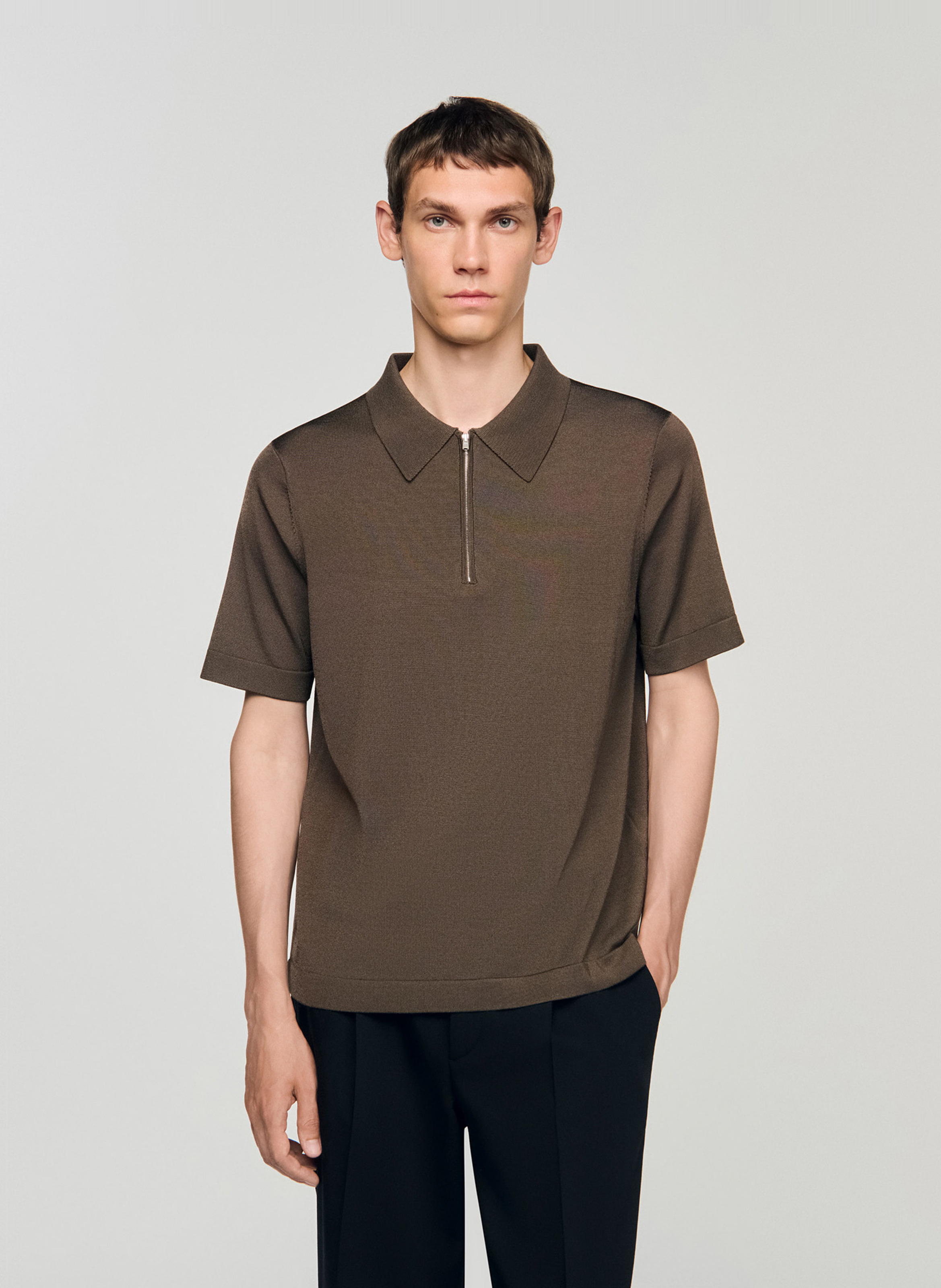 T-shirt manches courtes à col polo zippé SANDRO Beige