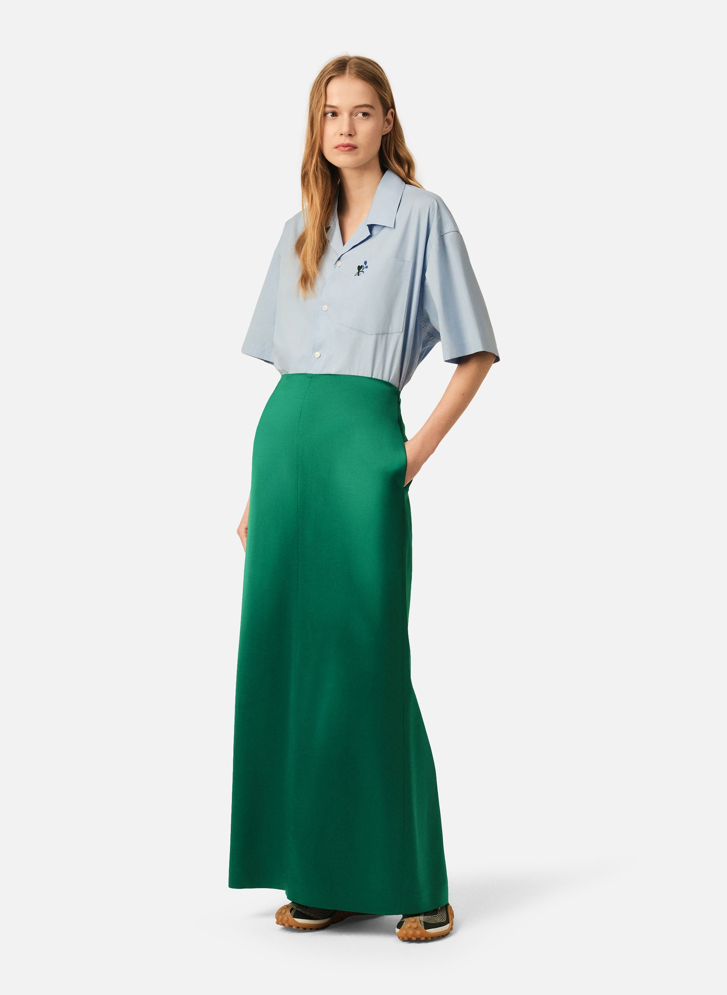 Jupe droite longue en viscose et laine AMI PARIS Vert