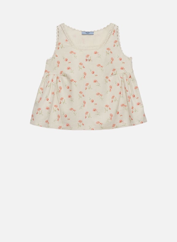 Haut en lin à imprimé fleurs brodé Beige by PRADA PRADA Haut en lin à imprimé fleurs brodé Beige