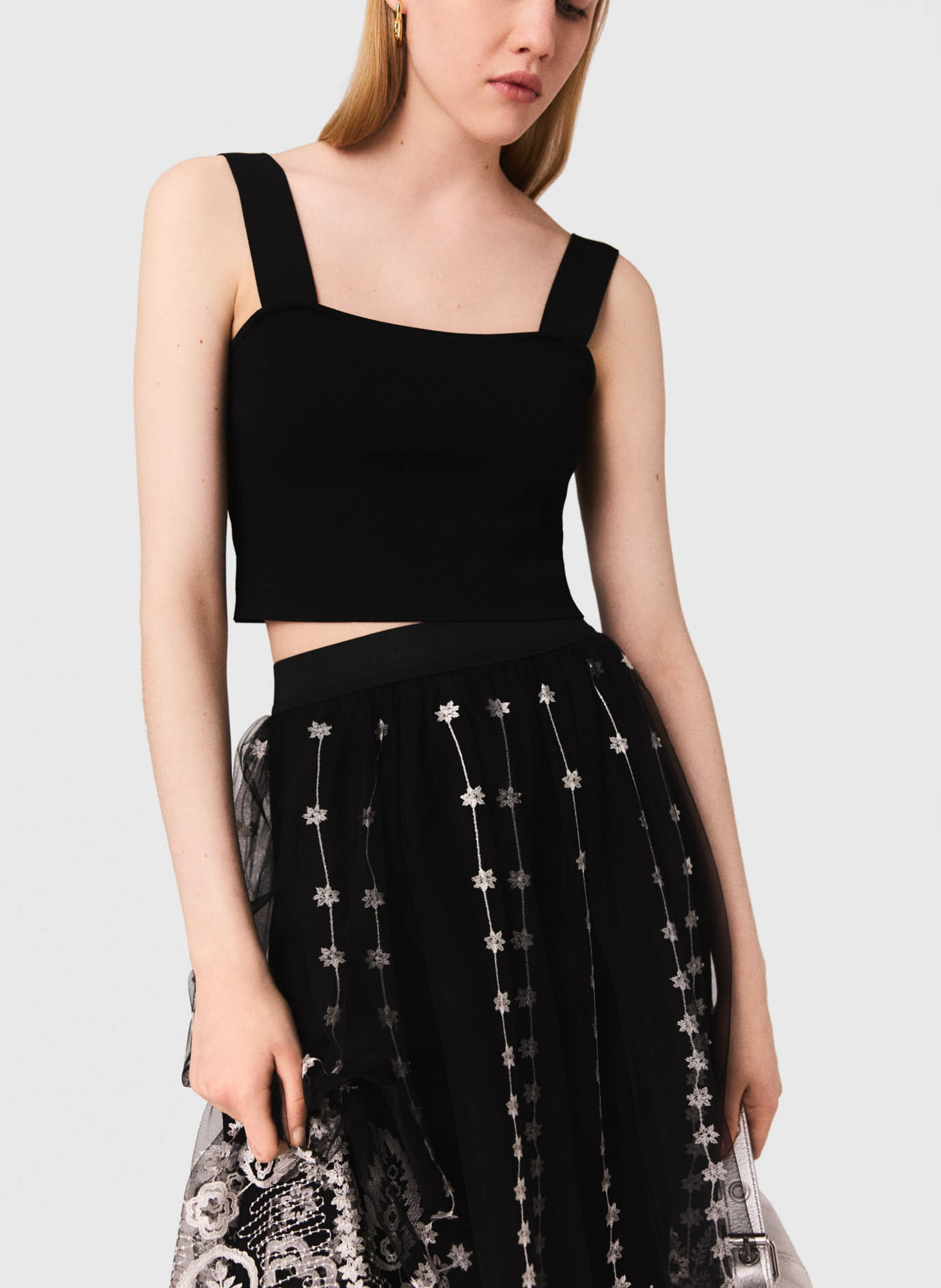 Jupe midi en tulle brodé MAJE Noir