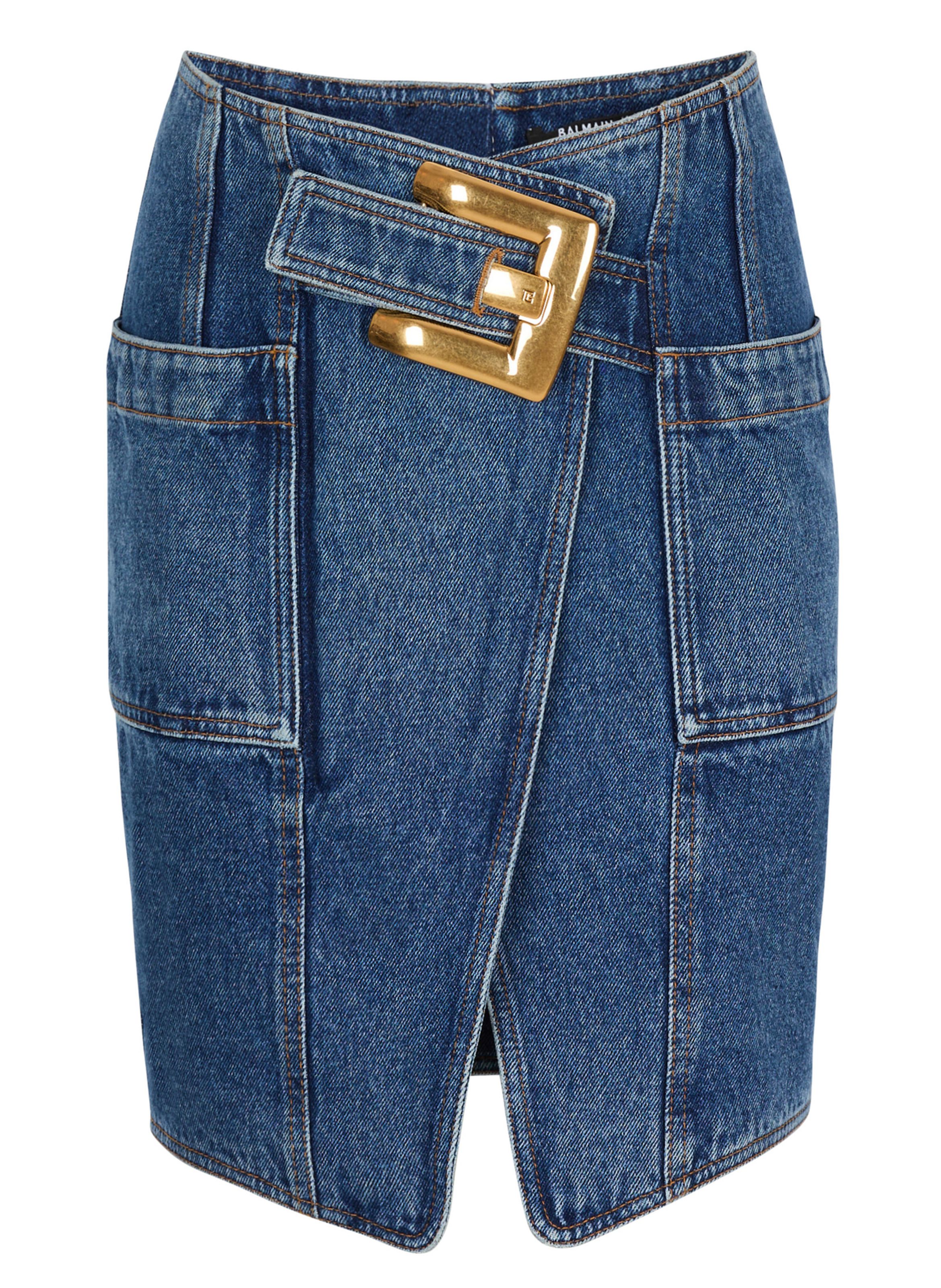 Jupe courte en denim avec ceinture BALMAIN Bleu